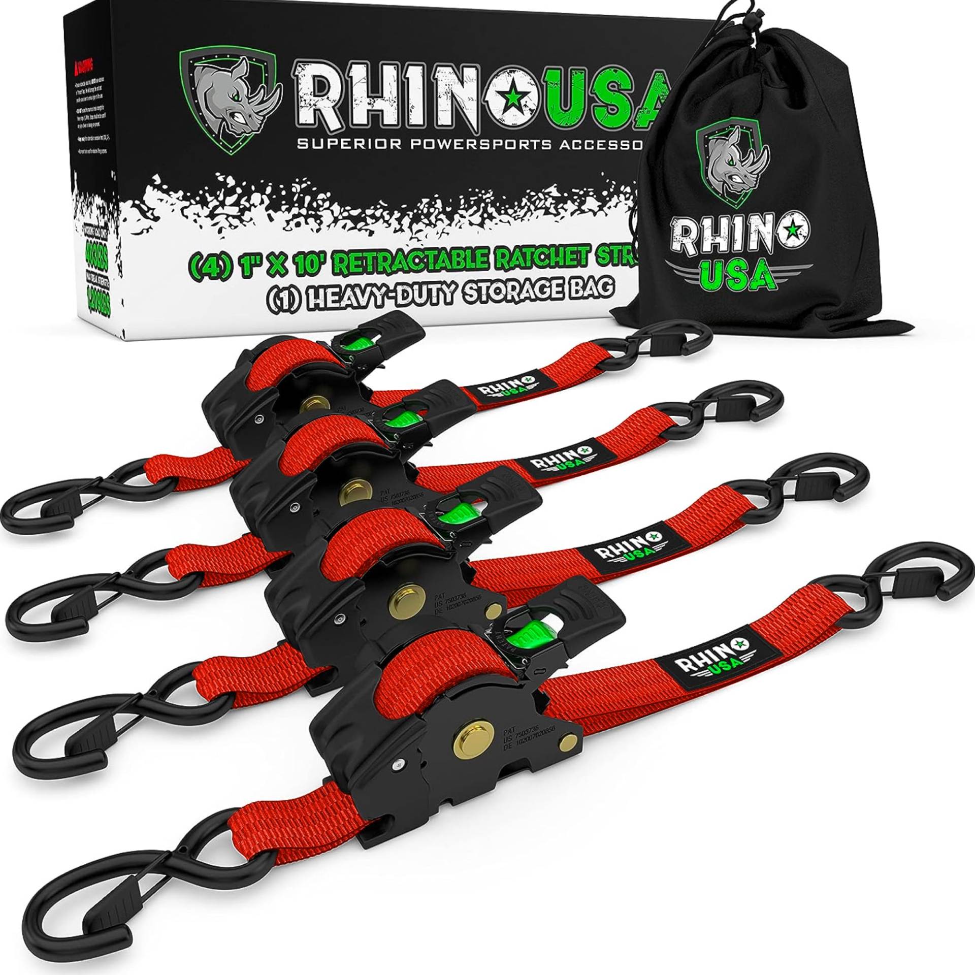 Rhino USA Selbstaufrollende Spanngurte (4er-Pack) - 2.5cm x 3m (540kg Bruchfestigkeit) - Hochleistungs-Automatik-Spanngurte für LKW, Anhänger, Motorrad, Fahrrad & Mehr - Rot von Rhino USA