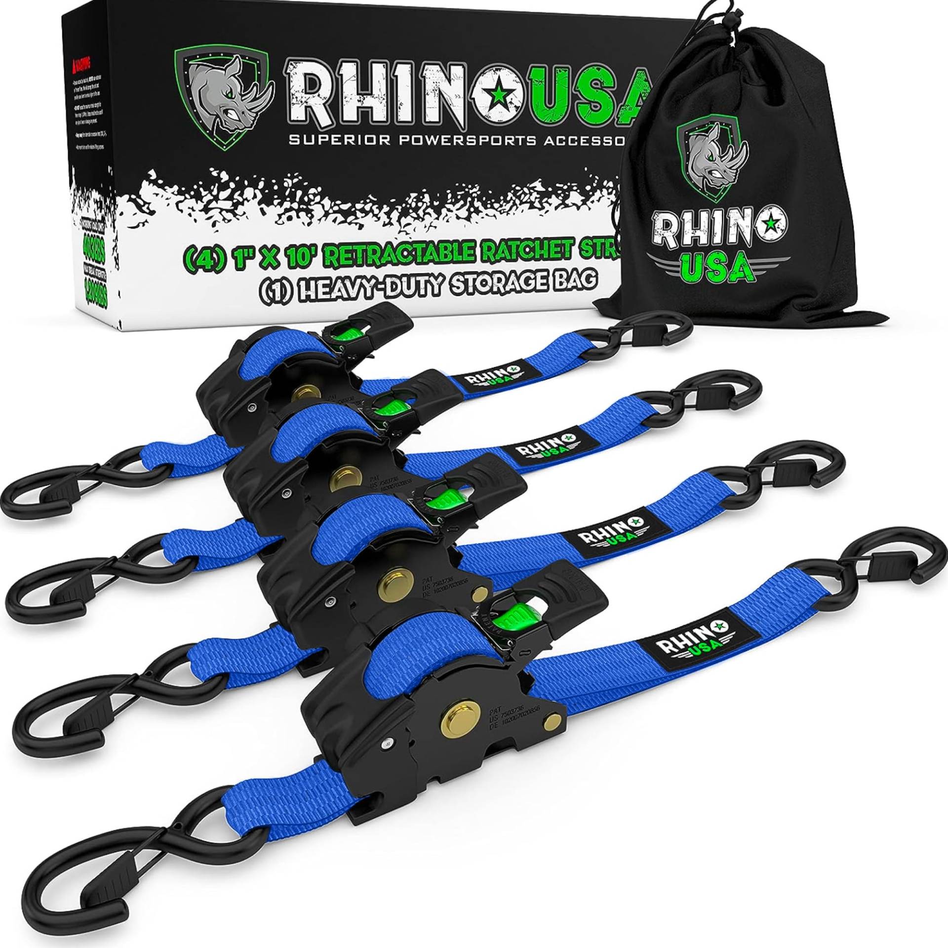 Einziehbare Spanngurte mit Ratsche (4-Pack) – 540 kg. Maximale Bruchfestigkeit garantiert, inklusive (4) Ultimate 2.5 cm x 3 m. Automatisch einziehbare Spanngurte mit gepolsterten Griffen - Blau von Rhino USA