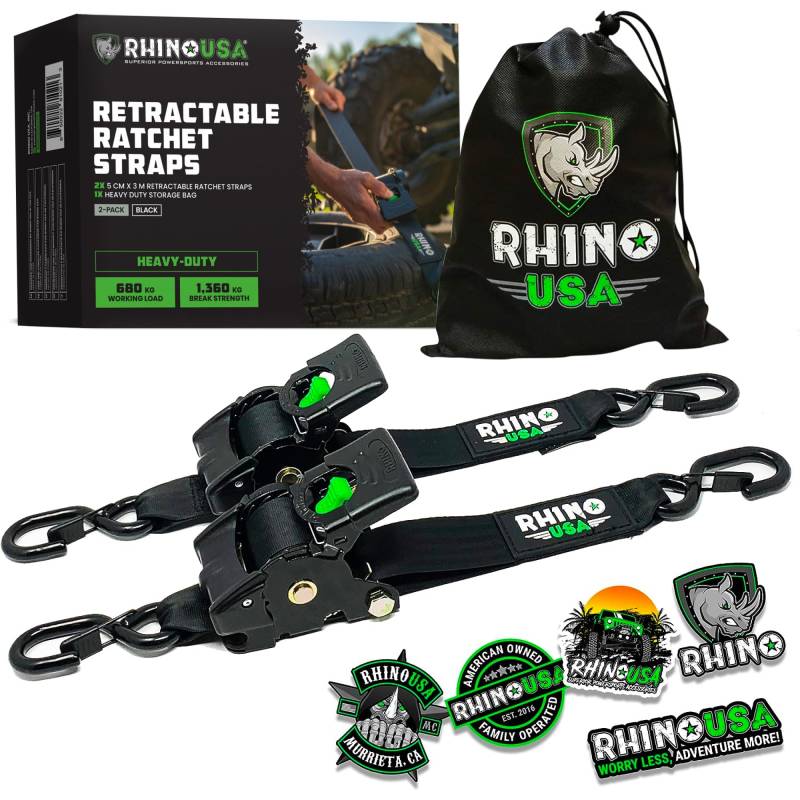 Einziehbare Spanngurte mit Ratsche von (2-Pack) 1360 kg maximale Bruchfestigkeit, inklusive (2) ultimativen 5 cm x 3 m großen automatisch einziehbaren Spanngurten mit gepolsterten Griffen - Schwarz von Rhino USA