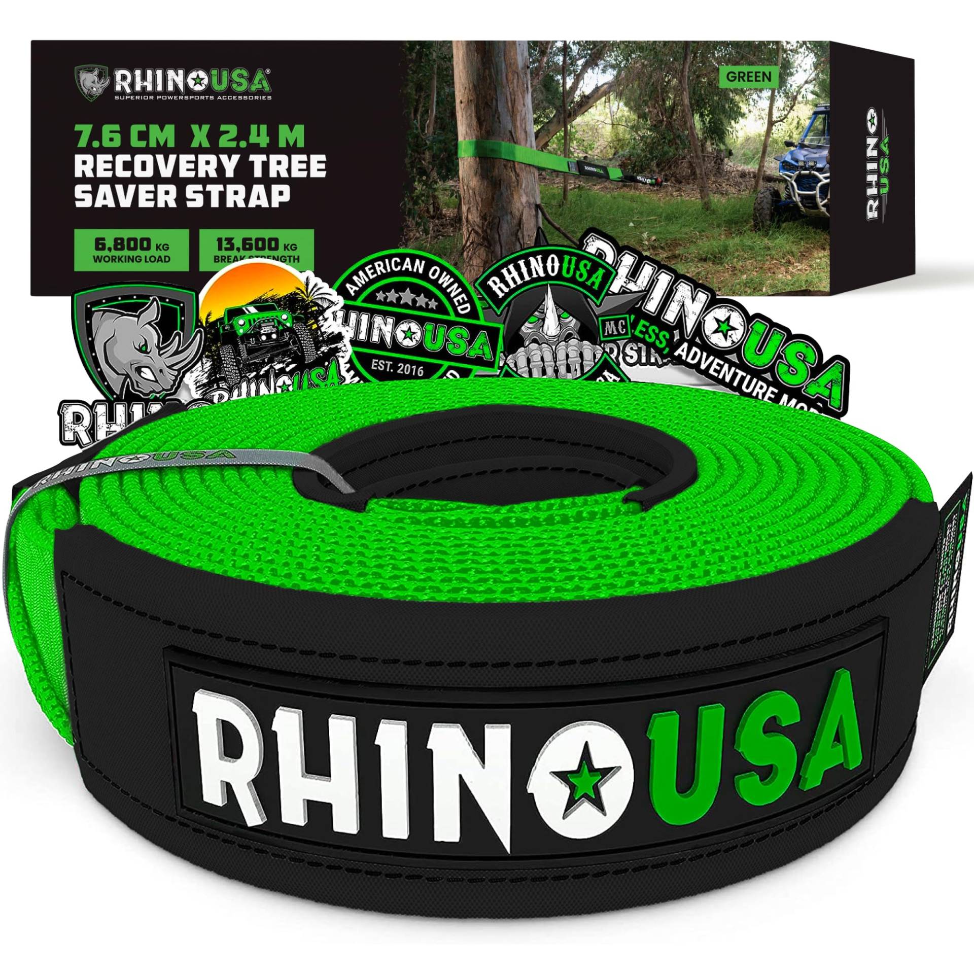 Rhino USA Abschleppseil mit Baumschutz 7.6 cm x 2.4 m - Hebeschlinge im Labor getestete Bruchfestigkeit von 13,600 kg (MIN) - Robuste Zugschnur - verstärkte Schlaufengurte - Grün von Rhino USA