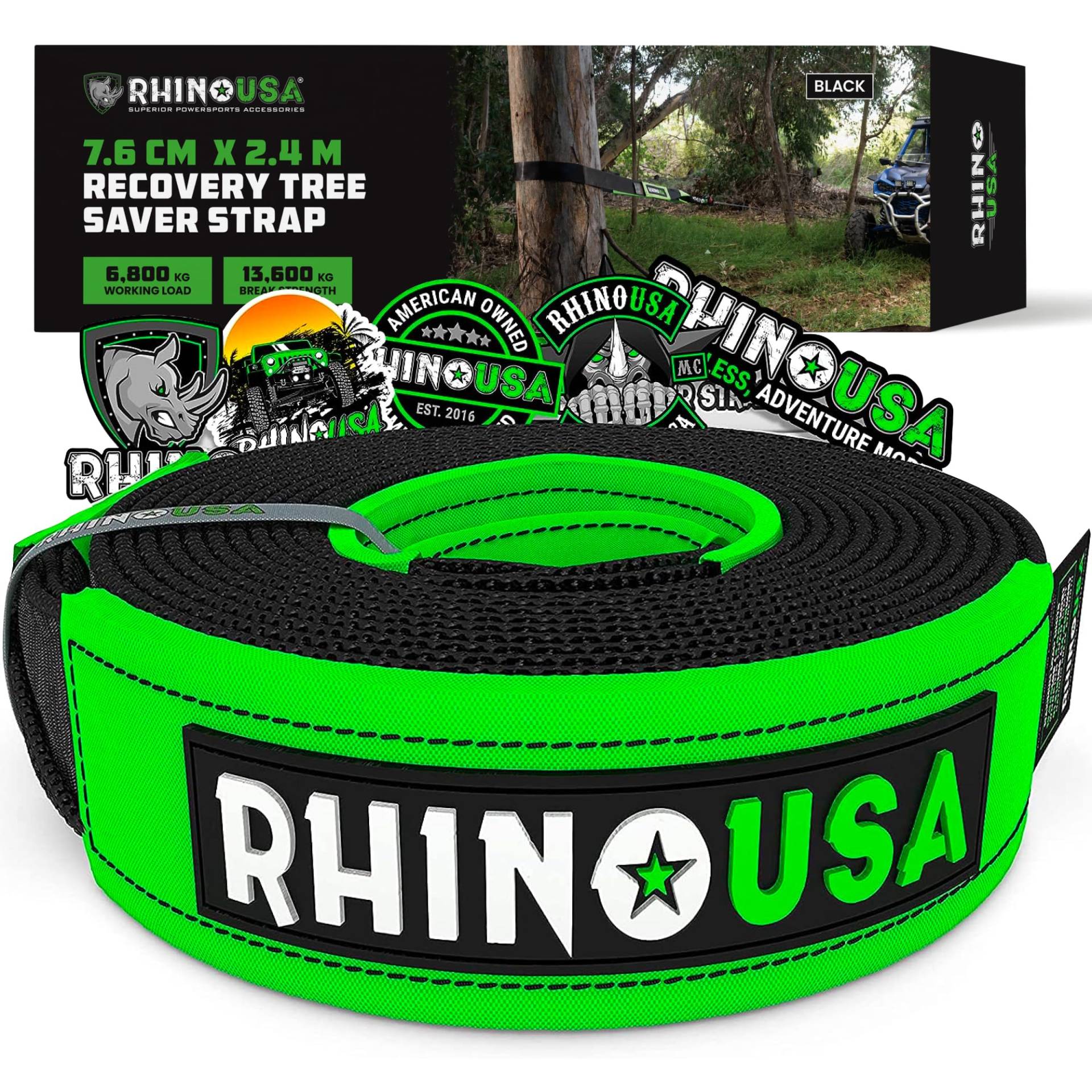 Rhino USA Abschleppseil mit Baumschutz 7.6 cm x 2.4 m - Hebeschlinge im Labor getestete Bruchfestigkeit von 13,600 kg (MIN) - Robuste Zugschnur - verstärkte Schlaufengurte - Schwarz von Rhino USA