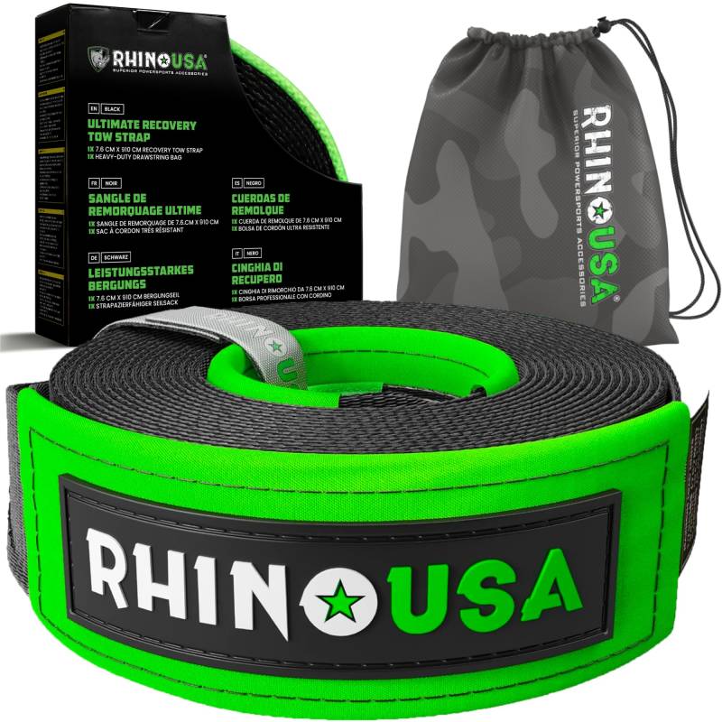 Rhino USA Abschleppgurt (7.6 cm x 9.1 m), im Labor getestete Bruchfestigkeit von 13,600 kg – Hochleistungs-Offroad-Gurte mit dreifach verstärkten Schlaufenenden für Sicherheit - Schwarz von Rhino USA