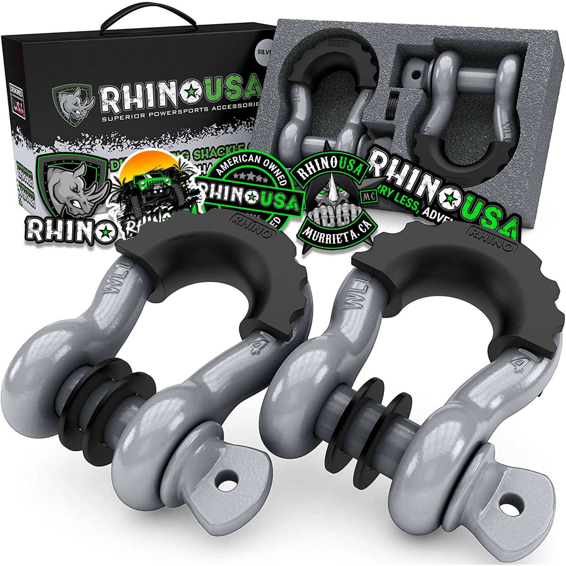 Rhino USA D Ring Shackle w/Isolators (4 Pack) 41,850lb Break Strength – 3/4” Shackle with 7/8 Pin for use with Tow Strap, Winch, Off-Road Jeep Truck Vehicle Recovery, Best Offroad Towing (Green) von Rhino USA