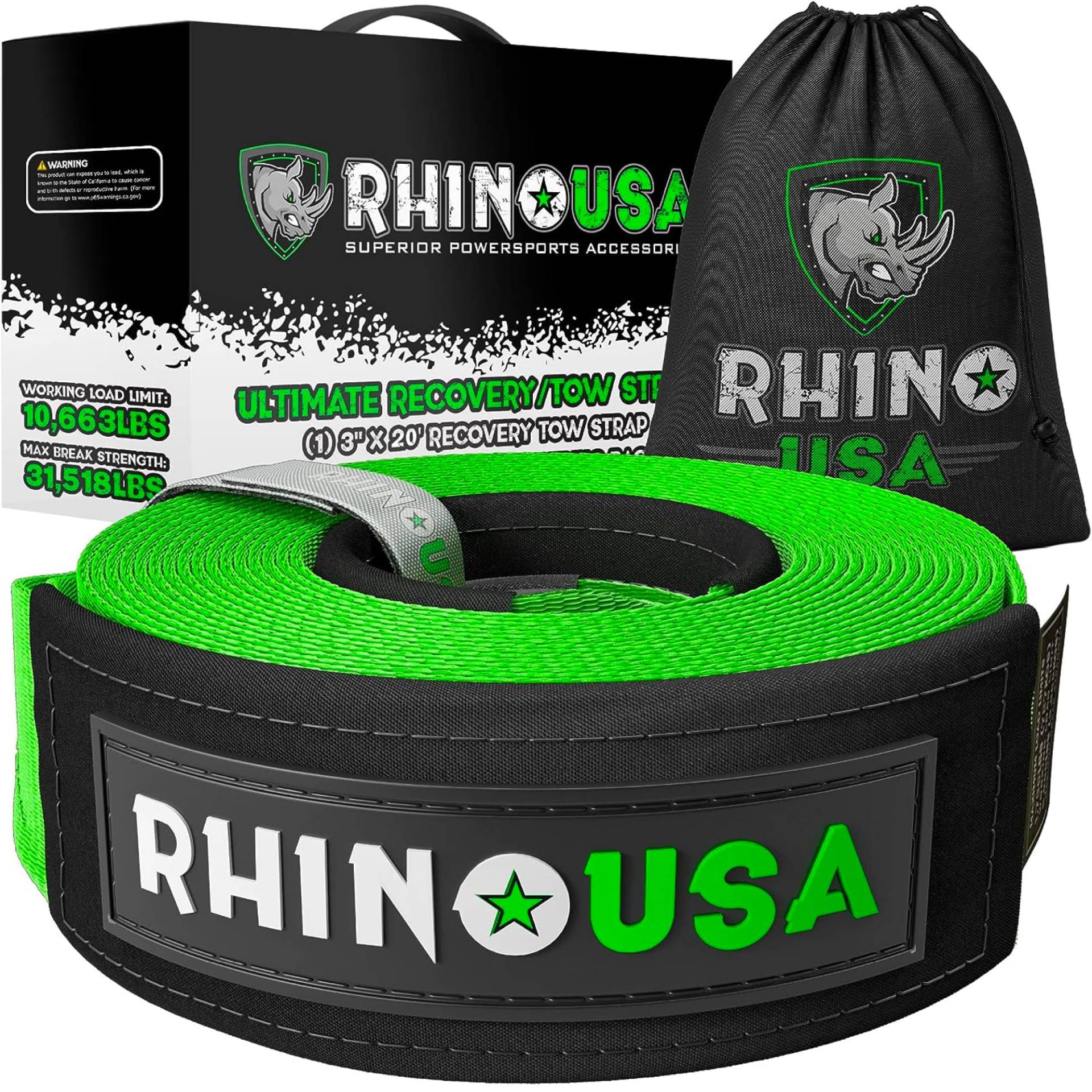 Rhino USA Recovery-Abschleppgurt (7.6 cm x 6.1 m), im Labor getestete Bruchfestigkeit von 13,600 kg – Hochleistungs-Offroad-Gurte mit dreifach verstärkten Schlaufenenden von Rhino USA