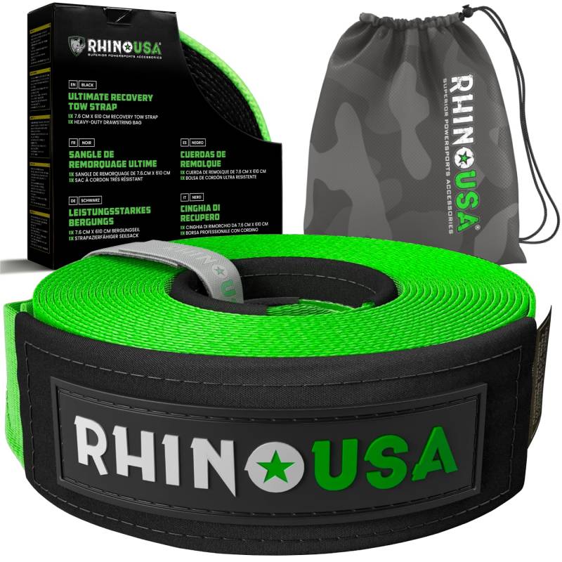 Rhino USA Recovery-Abschleppgurt (7.6 cm x 6.1 m), im Labor getestete Bruchfestigkeit von 13,600 kg – Hochleistungs-Offroad-Gurte mit dreifach verstärkten Schlaufenenden von Rhino USA