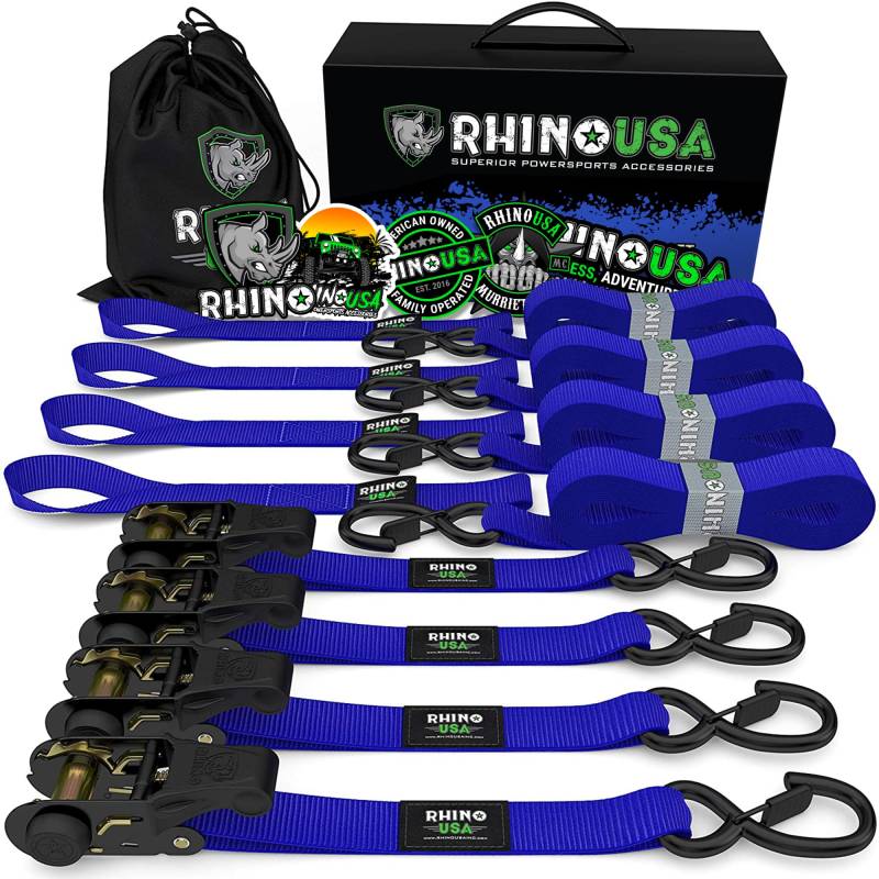 Rhino USA Spanngurte mit Ratsche und Haken (4 Pack) - 800 kg Reißfestigkeit - 2.5cm x 4.6m - Gurte für Materialtransport Umzüge - Zurrgurt mit Ratsche - Ratschen Set Blau von Rhino USA