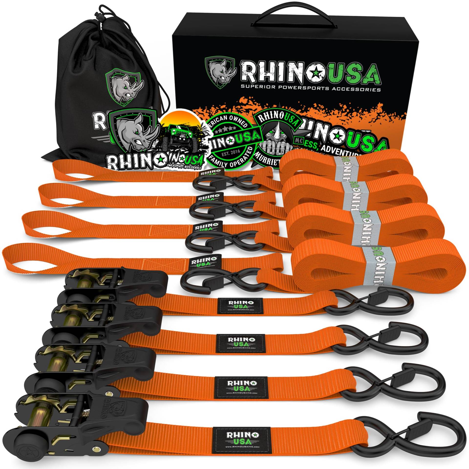 Rhino USA Spanngurte mit Ratsche und Haken (4 Pack) - 800 kg Reißfestigkeit - 2.5cm x 4.6m - Gurte für Materialtransport Umzüge - Zurrgurt mit Ratsche - Ratschen Set Orange von Rhino USA