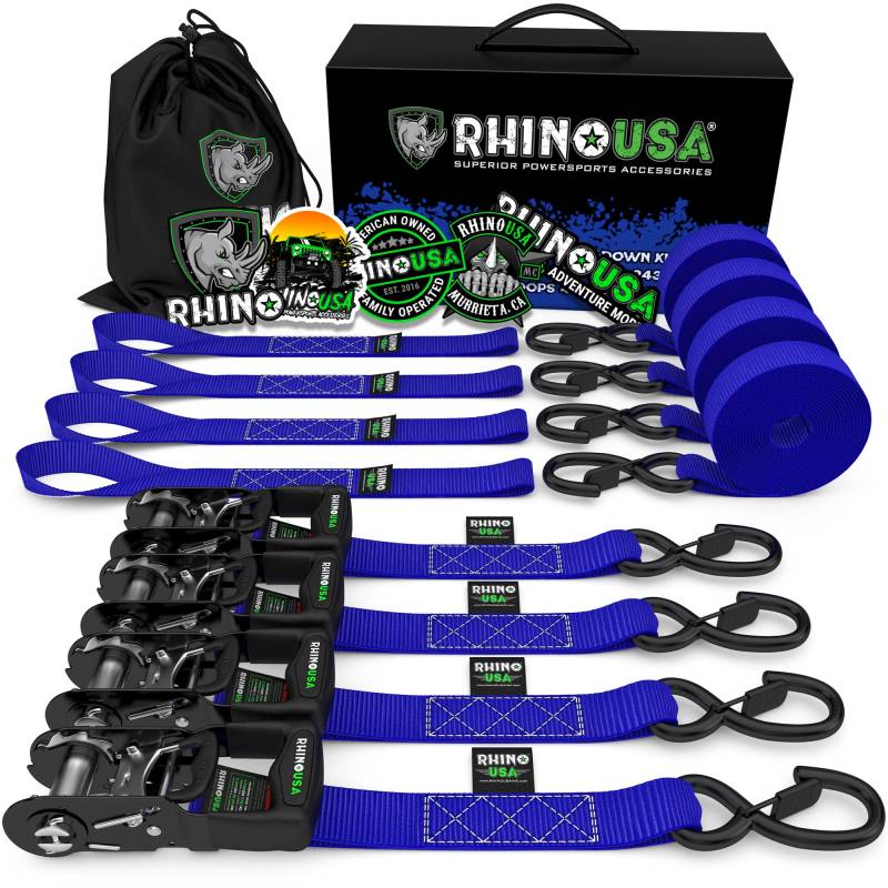 Rhino USA Spanngurte mit Ratsche und Haken (4er Pack) - 2000kg Reißfestigkeit 4cm x 2.4m - Gurte für Materialtransport Umzüge - Zurrgurt mit Ratsche - Ratschen Set Blau von Rhino USA