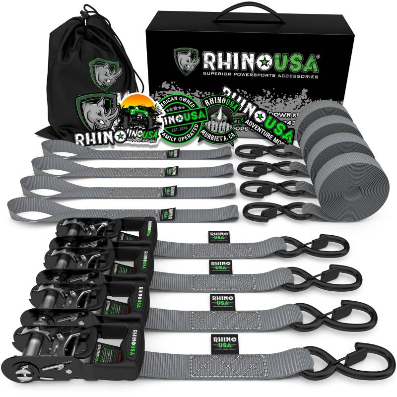 Rhino USA Spanngurte mit Ratsche und Haken (4er Pack) - 2000kg Reißfestigkeit - 4cm x 2.4m - Gurte für Materialtransport Umzüge - Zurrgurt mit Ratsche - Ratschen Set Grau von Rhino USA