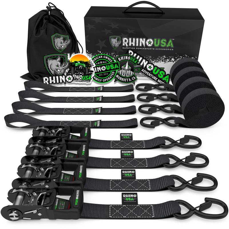 Rhino USA Spanngurte mit Ratsche und Haken (4er Pack) - 800 kg Reißfestigkeit - 2.5 cm x 4.6 m - Gurte für Materialtransport Umzüge - Zurrgurt mit Ratsche - Ratschen Set Schwarz von Rhino USA