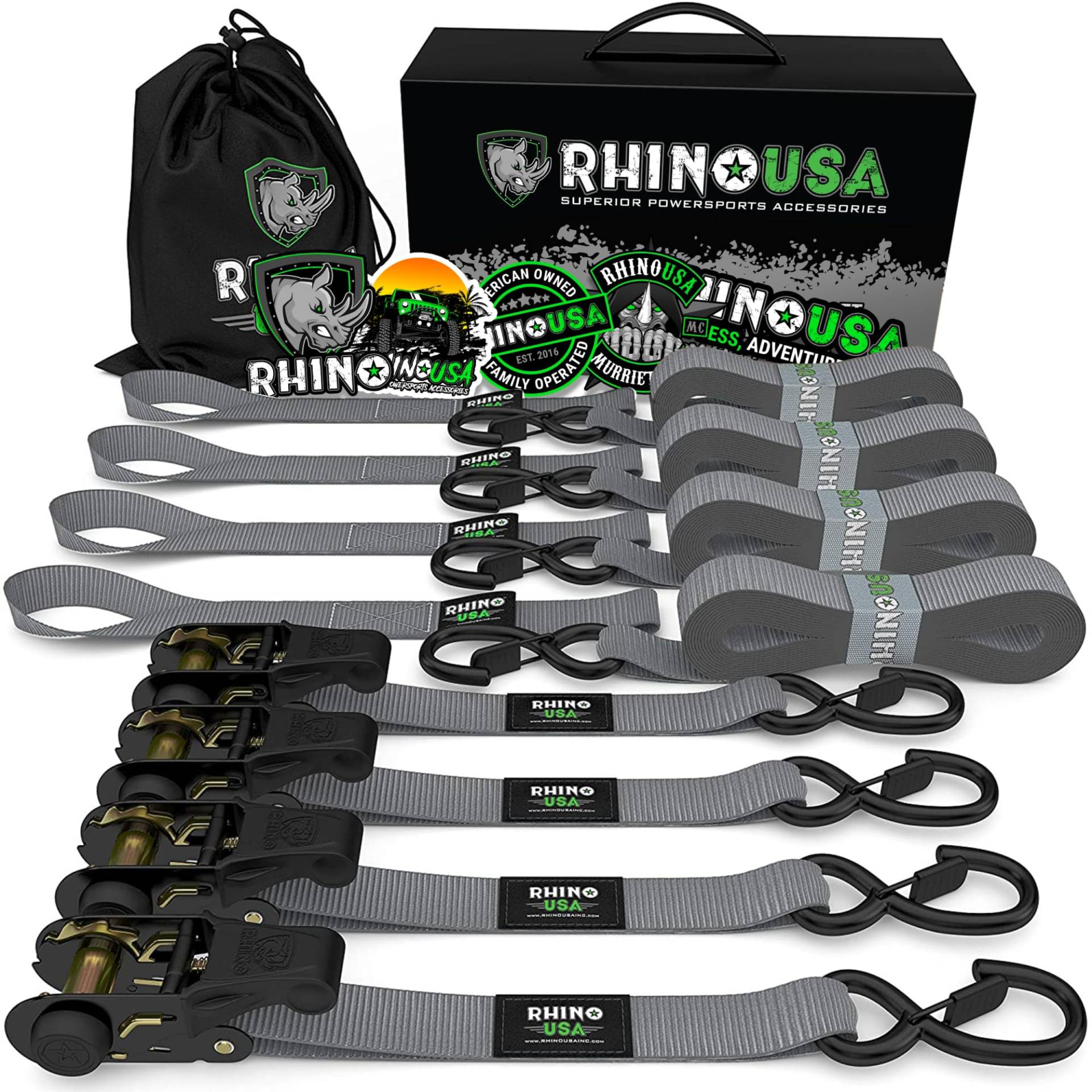 Rhino USA Spanngurte mit Ratsche und Haken (4er Pack) - 800 kg Reißfestigkeit - 2.5cm x 4.6m - Gurte für Materialtransport Umzüge - Zurrgurt mit Ratsche - Ratschen Set Grau von Rhino USA
