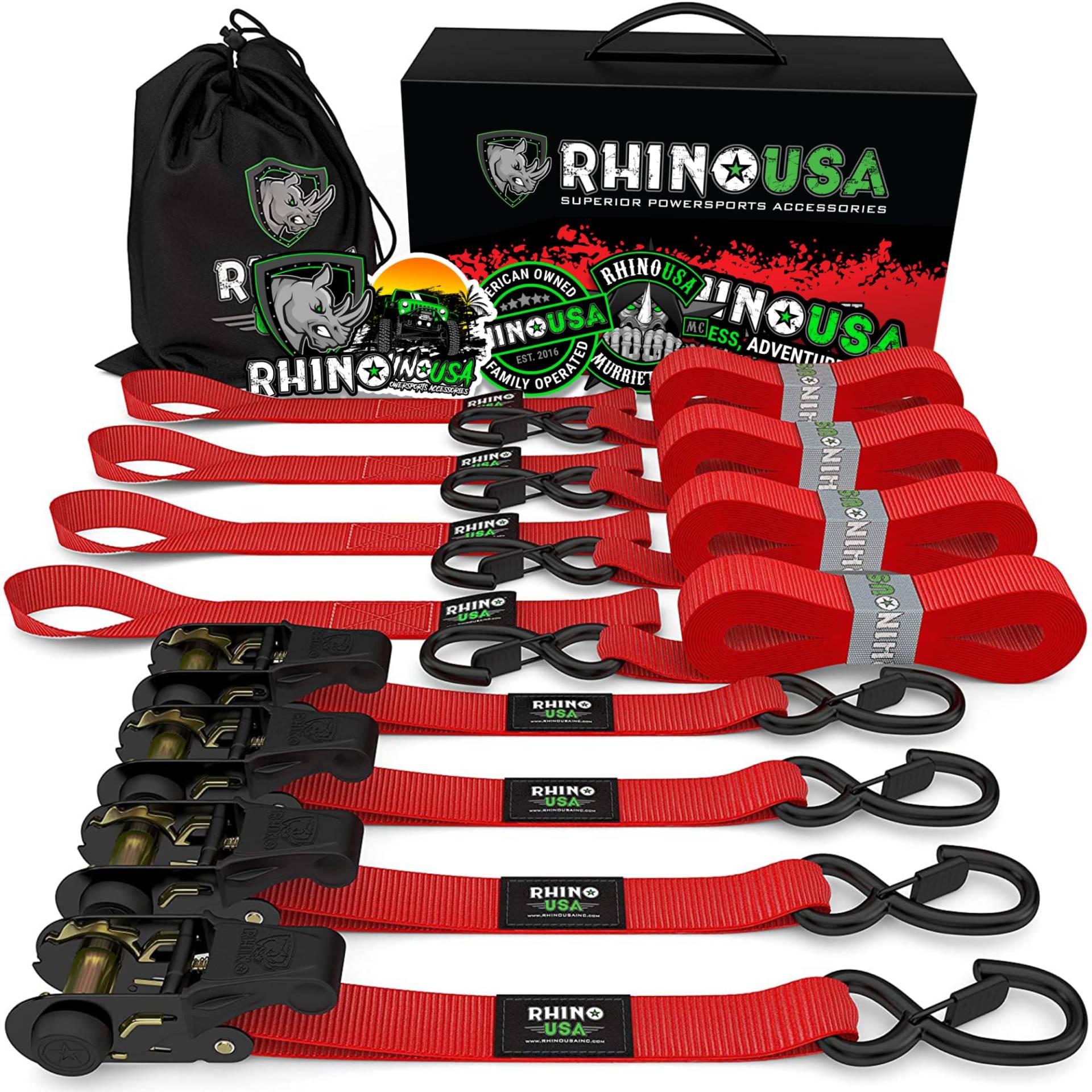 Rhino USA Spanngurte mit Ratsche und Haken (4er Pack) - 800 kg Reißfestigkeit - 2.5cm x 4.6m - Gurte für Materialtransport Umzüge - Zurrgurt mit Ratsche - Ratschen Set Rot von Rhino USA