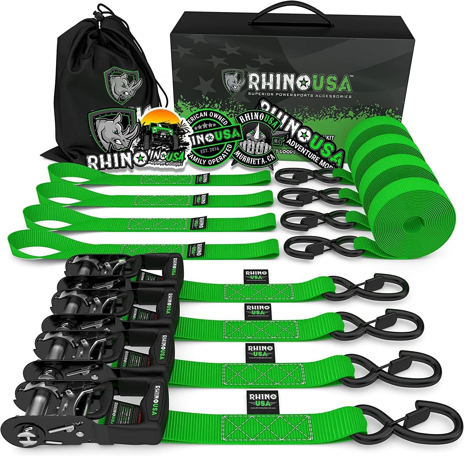 Rhino USA Spanngurte mit Ratsche und Haken (4er Pack) - 2000kg Reißfestigkeit - 4cm x 2.4m - Gurte für Materialtransport Umzüge - Zurrgurt mit Ratsche - Ratschen Set- Grün von Rhino USA