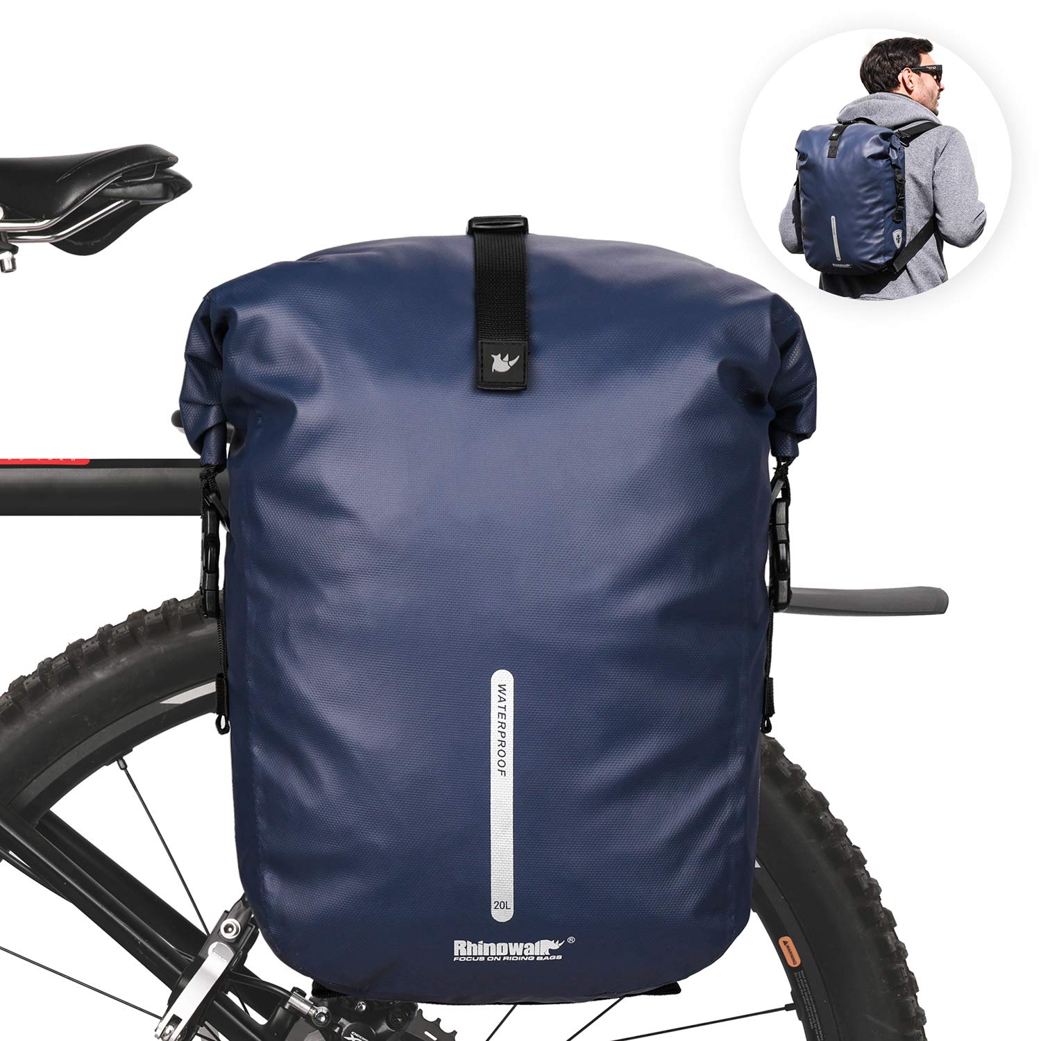 Rhinowalk Fahrrad Gepäckträgertasche Wasserdicht 20L Fahrradtasche für Gepäckträger Fahrrad Trägertasche Seitentaschen Rolltop Hinterradtasche mit Schultergurt von Rhinowalk