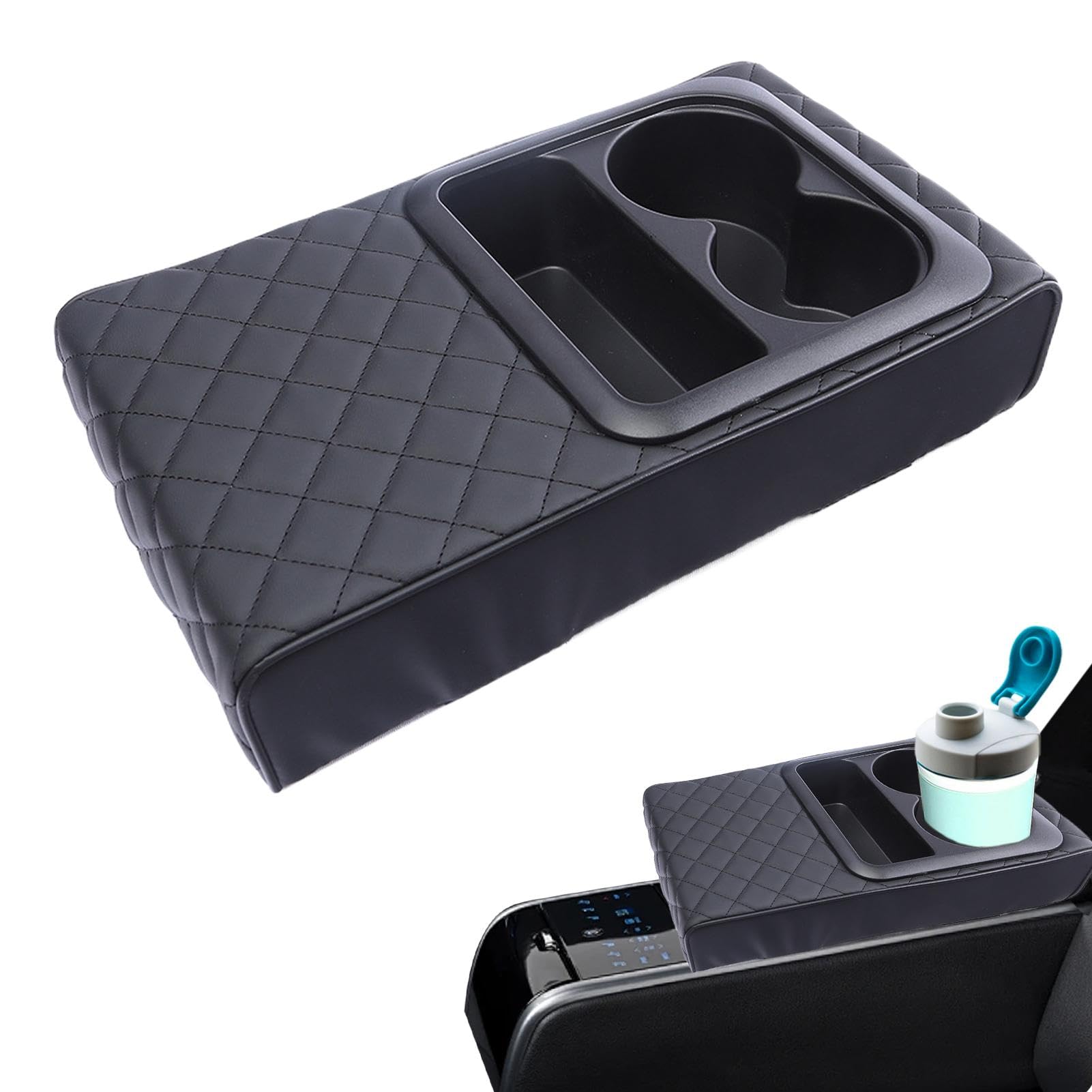 Car Armrest Cushion with Leather Center Console Cover - Waterproof Cushion with Cup Holder, Car Armrest Box Protector, Stylish Leather Cover for Car Decoration & Armrest Protection von Riaisttd