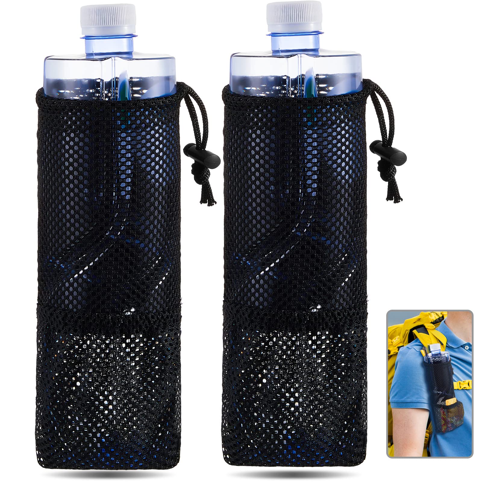 Riakrum 2 Stück Wasserflaschenhalter für Rucksack, faltbare Netz-Wasserflasche und Snackhalter, verstellbare Wasserflaschentasche, taktische Aufsätze, Fahrrad, Schwarz von Riakrum