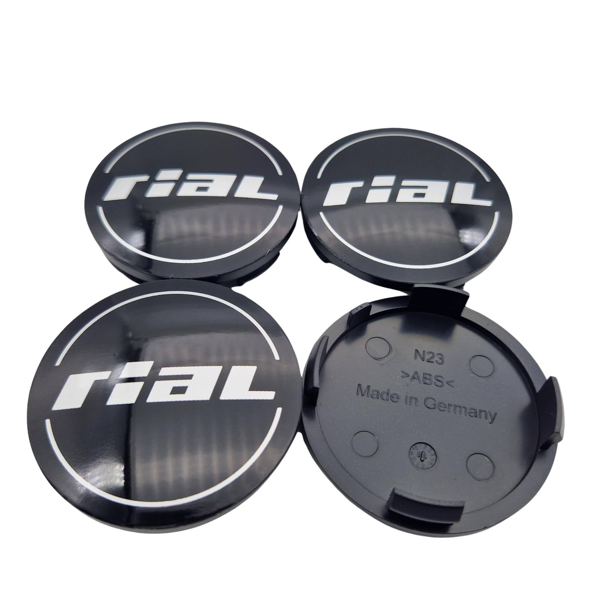 4X Rial Nabendeckel 60mm Schwarz Glanz (N23) Logo Silber - Original Felgendeckel/Nabenkappe/Hubcap von Rial