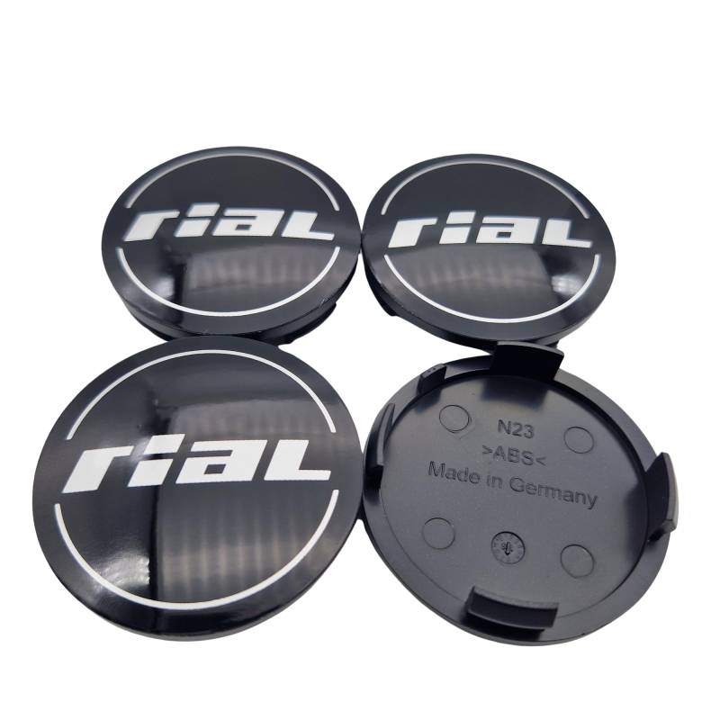 4X Rial Nabendeckel 60mm Schwarz Glanz (N23) Logo Silber - Original Felgendeckel/Nabenkappe/Hubcap von Rial