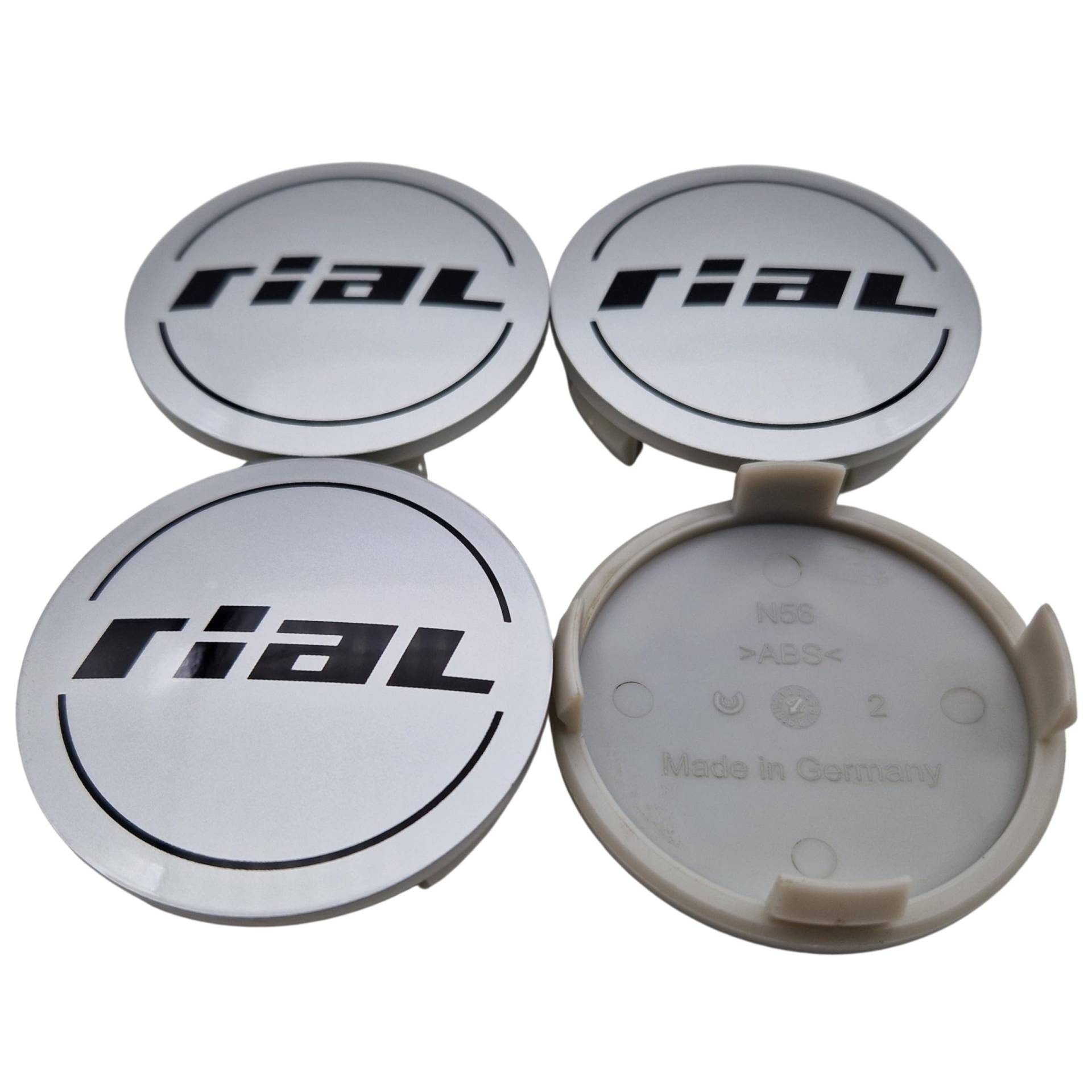 4X Rial Nabendeckel 61mm Silber (N56) Logo Schwarz - Original Felgendeckel/Nabenkappe/Hubcap von Rial