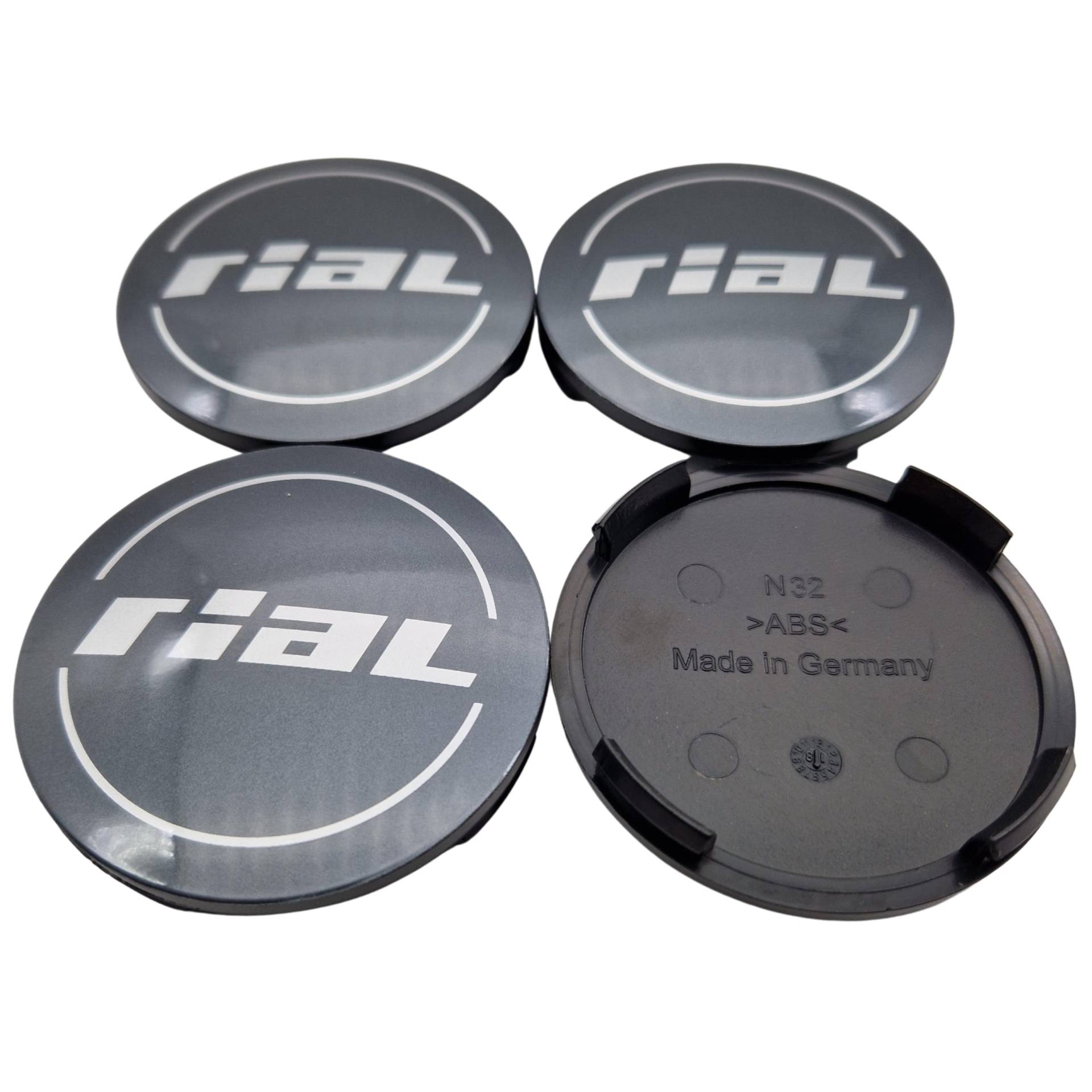 4X Rial Nabendeckel 64mm Graphit (N32) Logo Silber - Original Felgendeckel/Nabenkappe/Hubcap von Rial