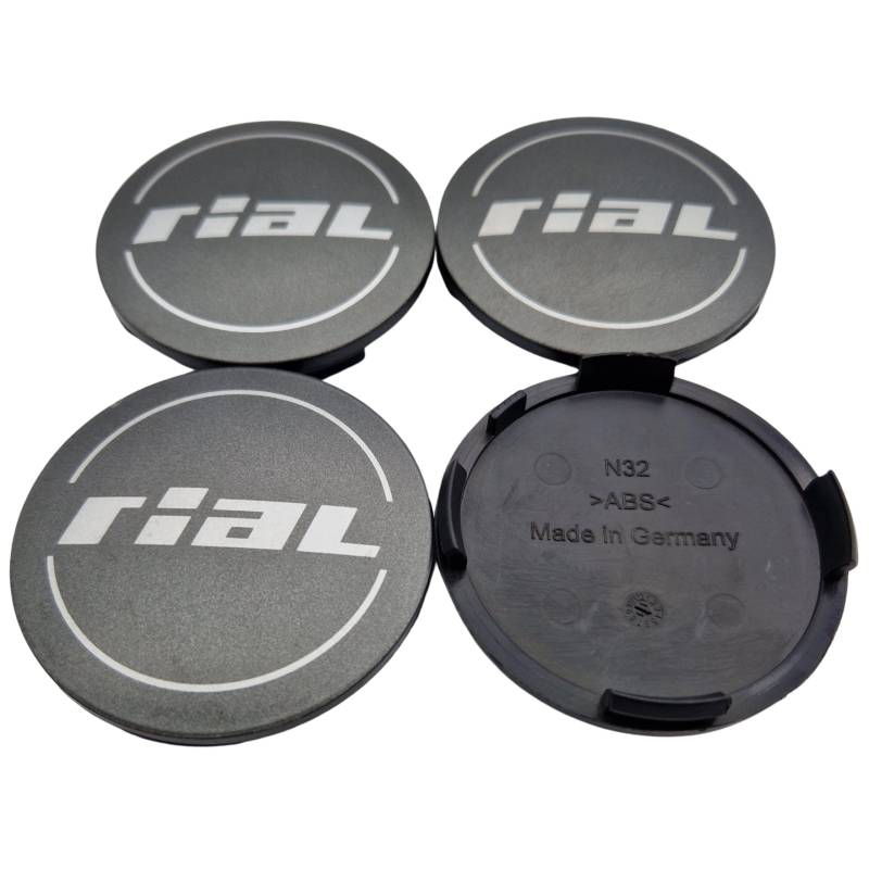 4X Rial Nabendeckel 64mm Graphit Matt (N32) Logo Silber - Original Felgendeckel/Nabenkappe/Hubcap von Rial