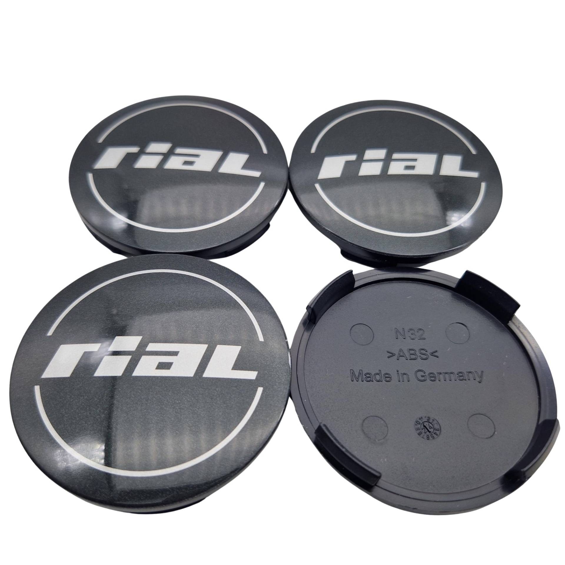 4X Rial Nabendeckel 64mm Schwarz Glanz (N32) Logo Silber - Original Felgendeckel/Nabenkappe/Hubcap von Rial