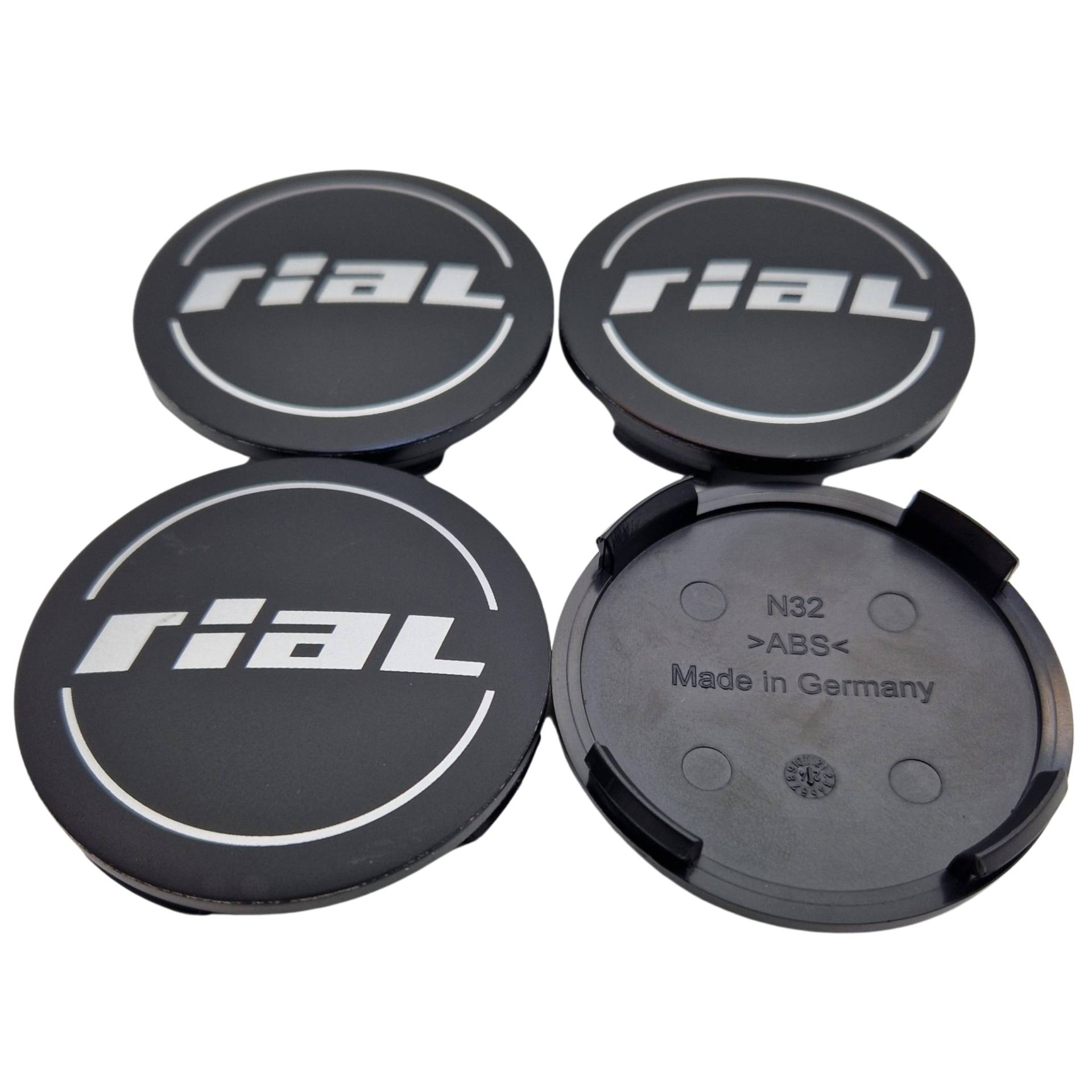 4X Rial Nabendeckel 64mm Schwarz Matt (N32) Logo Silber - Original Felgendeckel/Nabenkappe/Hubcap von Rial