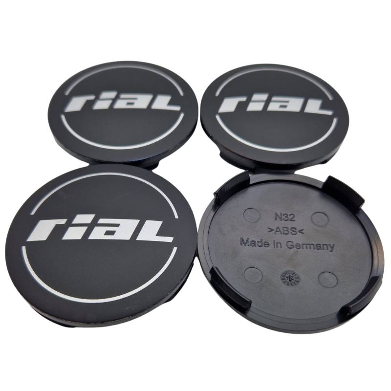 4X Rial Nabendeckel 64mm Schwarz Matt (N32) Logo Silber - Original Felgendeckel/Nabenkappe/Hubcap von Rial