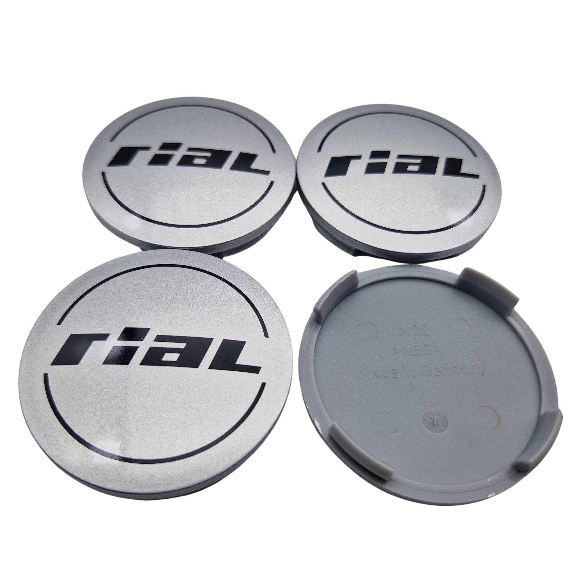 4X Rial Nabendeckel 64mm Silber (N32) Logo Schwarz - Original Felgendeckel/Nabenkappe/Hubcap von Rial