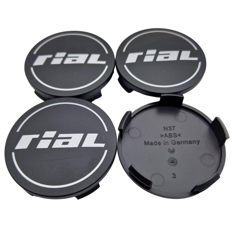 4X Rial Nabendeckel 68,5mm Schwarz Matt (N37) Logo Silber - Original Felgendeckel/Nabenkappe/Hubcap von Rial