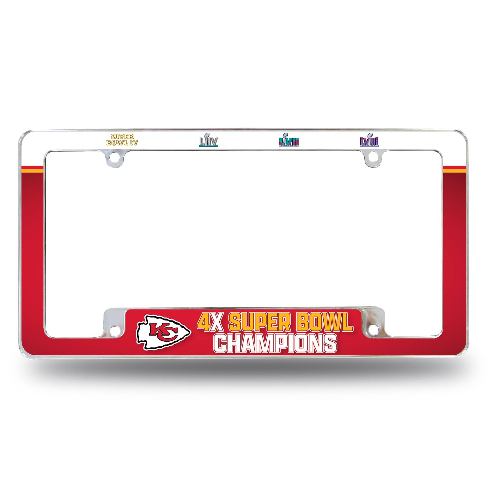 Rico Industries NFL Football Kansas City Chiefs 4 Time Super Bowl Champs 30,5 x 15,2 cm Chrom All Over Automotive Kennzeichenrahmen für Auto/LKW/SUV von Rico Industries