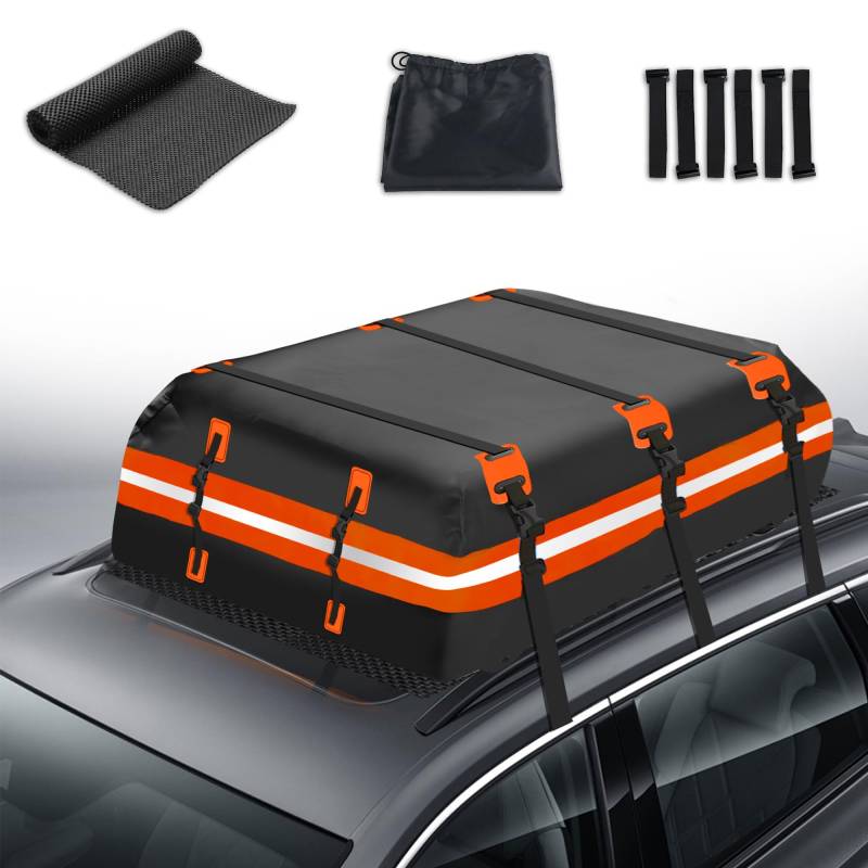 Rimoody Auto Dachbox Faltbar 595L 21 Kubikfuß Wasserdicht Dachkoffer XXXL Dachbox Taschen mit Rutschfester Matte Aufbewahrungsbox Dachtasche mit/ohne Gepäckträger Dachbox für Autos, Vans, SUVs Orange von Rimoody