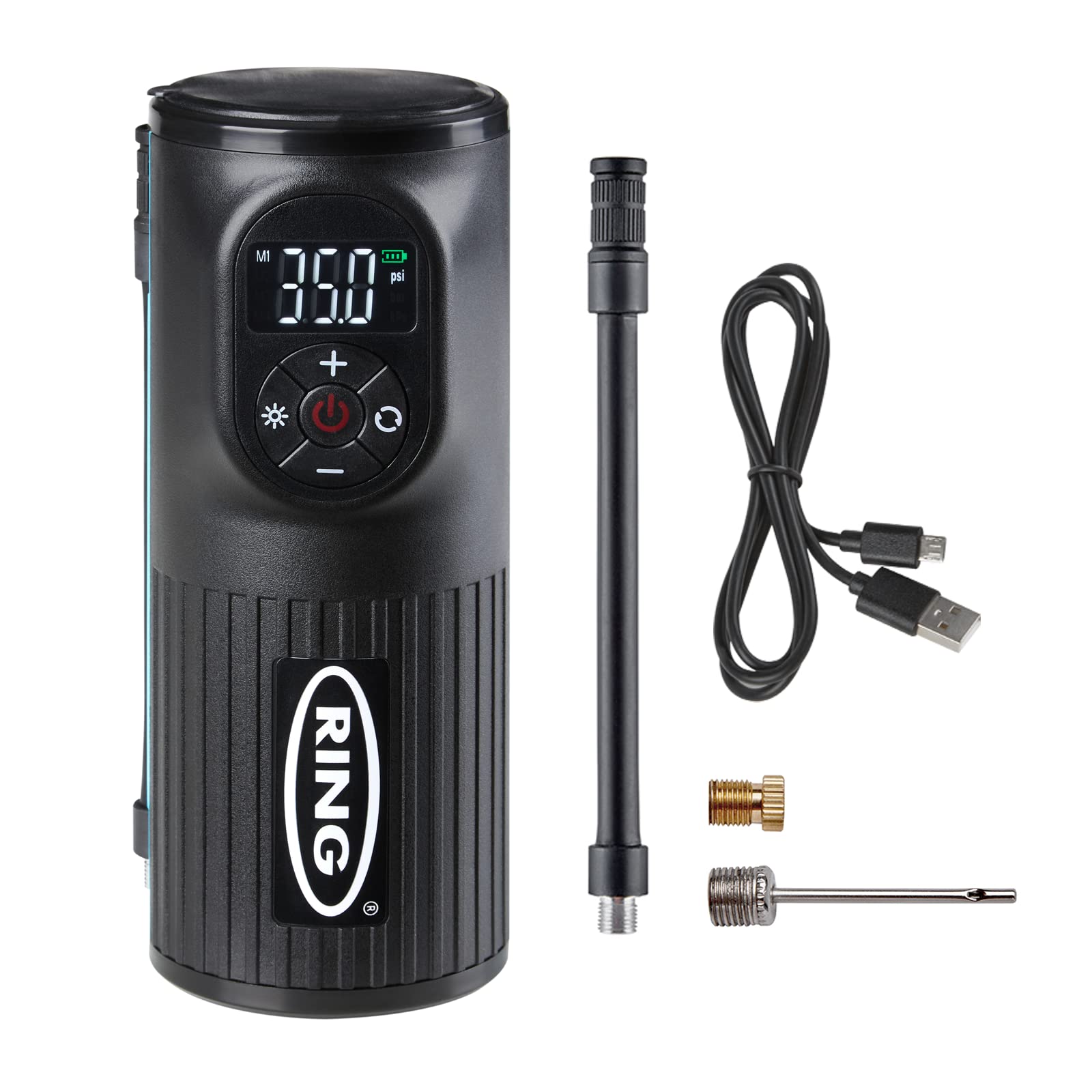 Ring Automotive - RTC2000 Digitaler wiederaufladbarer kabelloser Reifenfüller, Luftkompressor und elektrische Fahrradpumpe mit Manometer, Memory-LED-Licht, Powerbank und Adapter-Set, schwarz von Ring