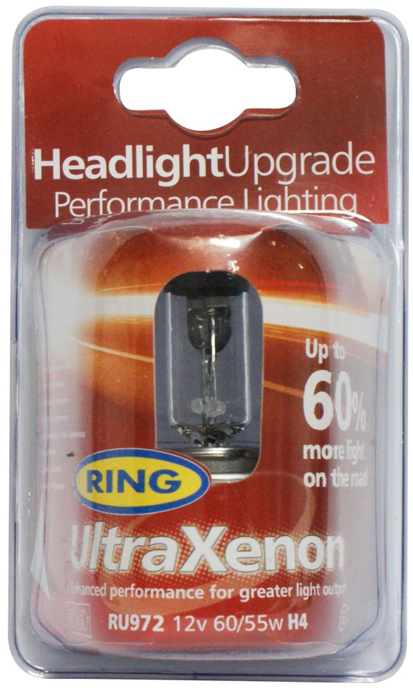 Ring Automotive Ultra Xenon Halogenscheinwerferlampe RU972, 12°V, 60°/°55°W, H4, P43T, mit 60°% mehr Licht von Ring