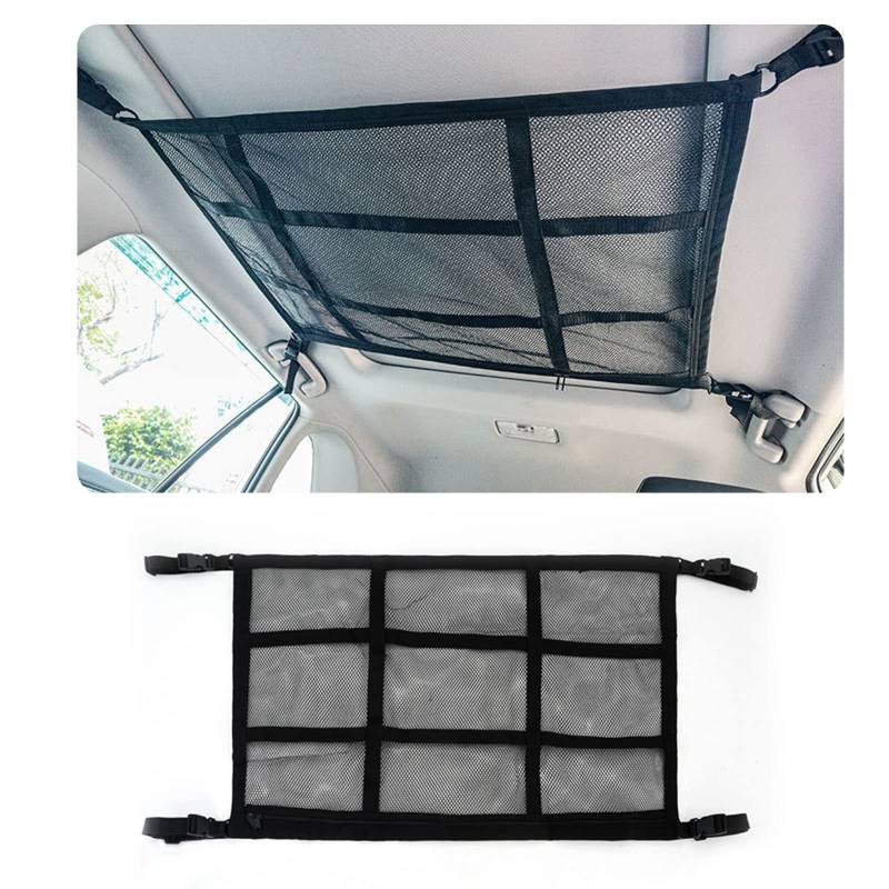 Gepäcknetz Auto, doppellagige Autodach Aufbewahrung für Decken, Autonetz Organizer für Vier Dacharmlehnen, Tolles Auto Camping Zubehör für Lange Roadtrips SUVs, Jeeps,Vans 90 x 65 cm, Schwarz von Rixotix