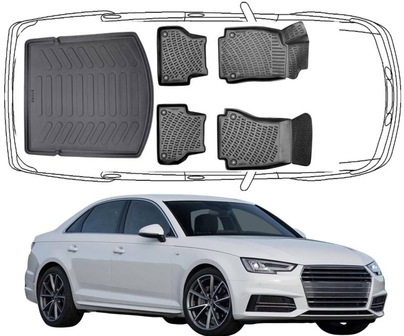 Rizline Passgenau 3D Fussmatten & Kofferraumwanne Auto Set Kompatibel mit Audi A4 B9 2015-2022 Auto Zubehör Gummimatten & Kofferraummatte Autos TPE Allwetter Geruchlos rutschfest Schwarz von Rizline