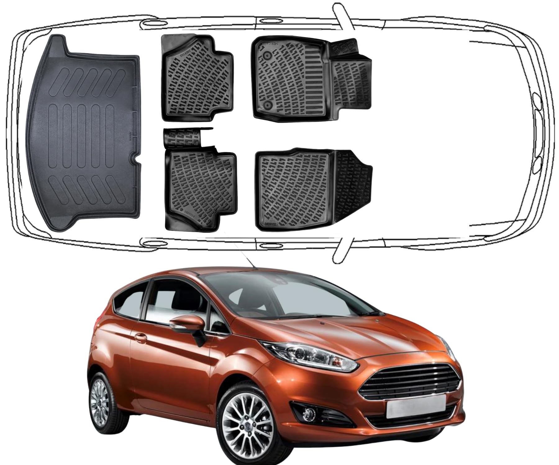 Rizline Passgenau 3D Fussmatten & Kofferraumwanne Auto Set Kompatibel mit Ford Fiesta 2009-2017 Auto Zubehör Gummimatten & Kofferraummatte Autos TPE Allwetter Geruchlos rutschfest Schwarz von Rizline