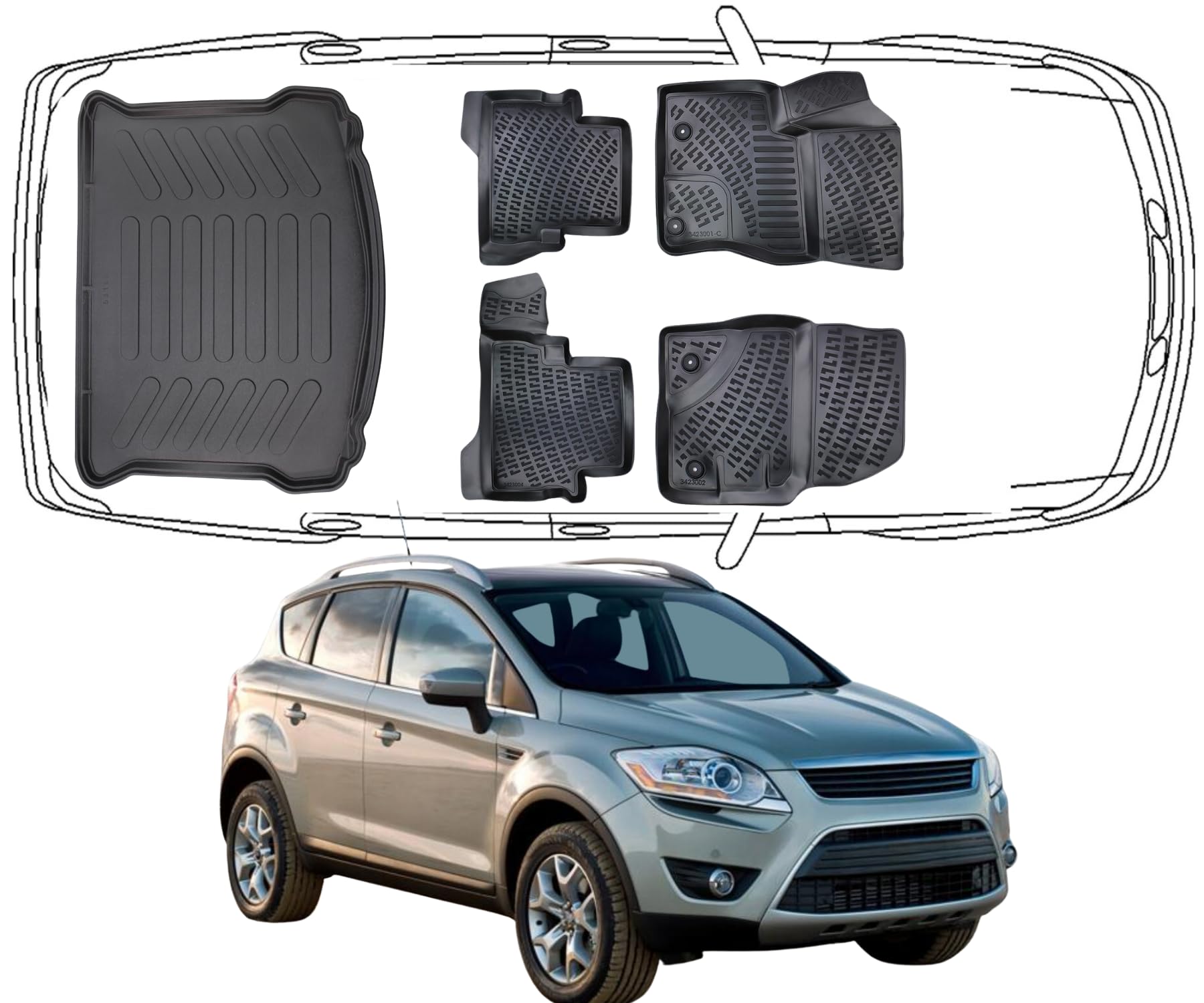 Rizline Passgenau 3D Fussmatten & Kofferraumwanne Auto Set Kompatibel mit Ford Kuga 2 2012-2019 Auto Zubehör Gummimatten & Kofferraummatte Autos TPE Allwetter Geruchlos rutschfest Schwarz von Rizline