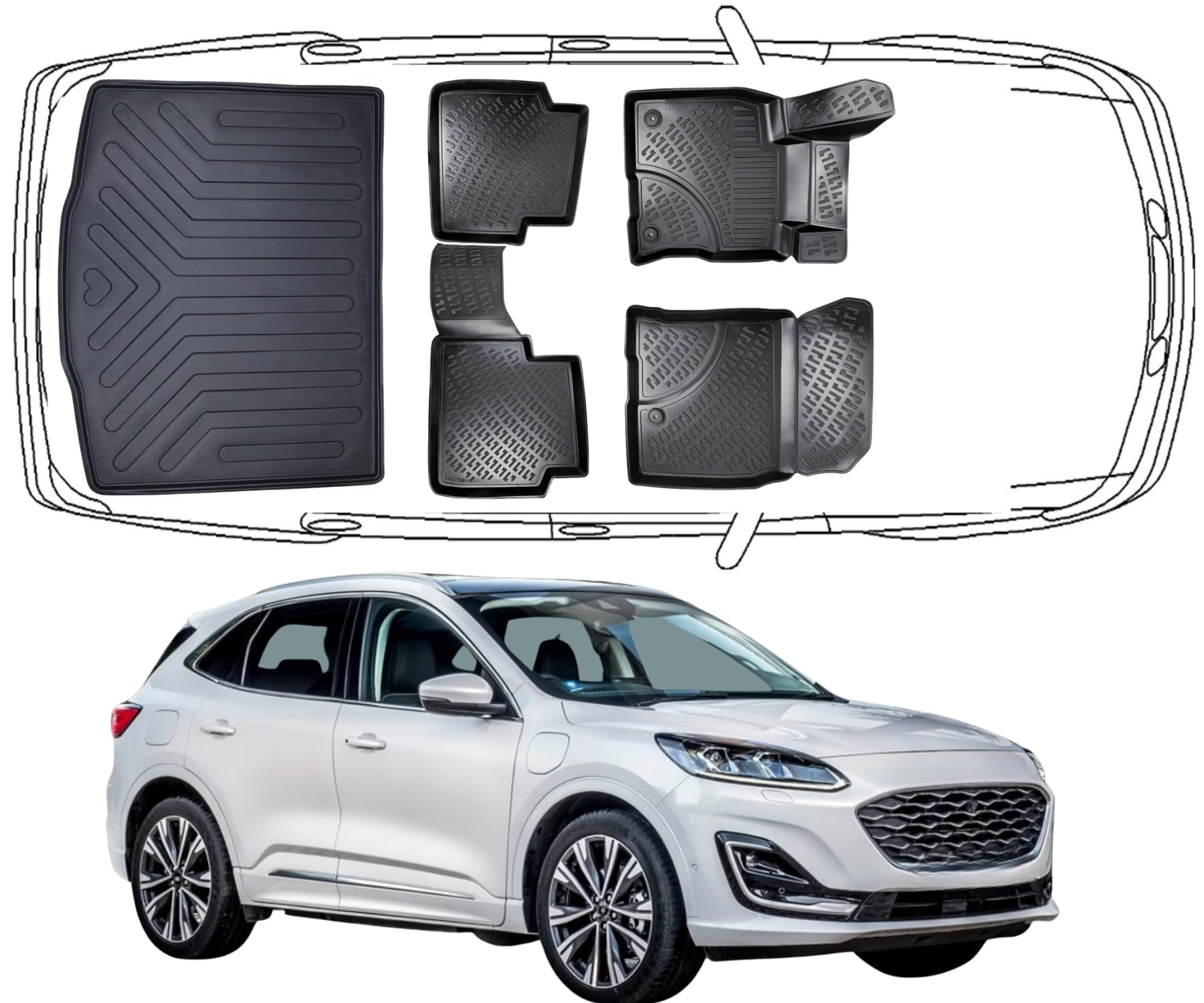 Rizline Passgenau 3D Fussmatten & Kofferraumwanne Auto Set Kompatibel mit Ford Kuga 3 ab 2020 (Nicht geeignet für Hybrid Kuga 3) Auto Zubehör Gummimatten & Kofferraummatte Autos Schwarz von Rizline