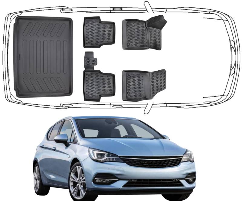 Rizline Passgenau 3D Fussmatten & Kofferraumwanne Auto Set Kompatibel mit Opel Astra K Untere 2015-2022 Auto Zubehör Gummimatten & Kofferraummatte Autos TPE Allwetter Geruchlos rutschfest Schwarz von Rizline