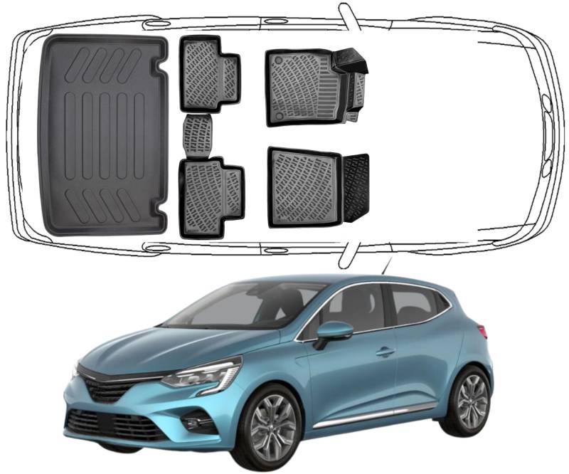 Rizline Passgenau 3D Fussmatten & Fester Boden Kofferraumwanne Auto Set Kompatibel mit Renault Clio 5 2020-2022 (Nicht kompatibel für Elektro Clio 5) Auto Zubehör Gummimatten & Kofferraummatte TPE von Rizline