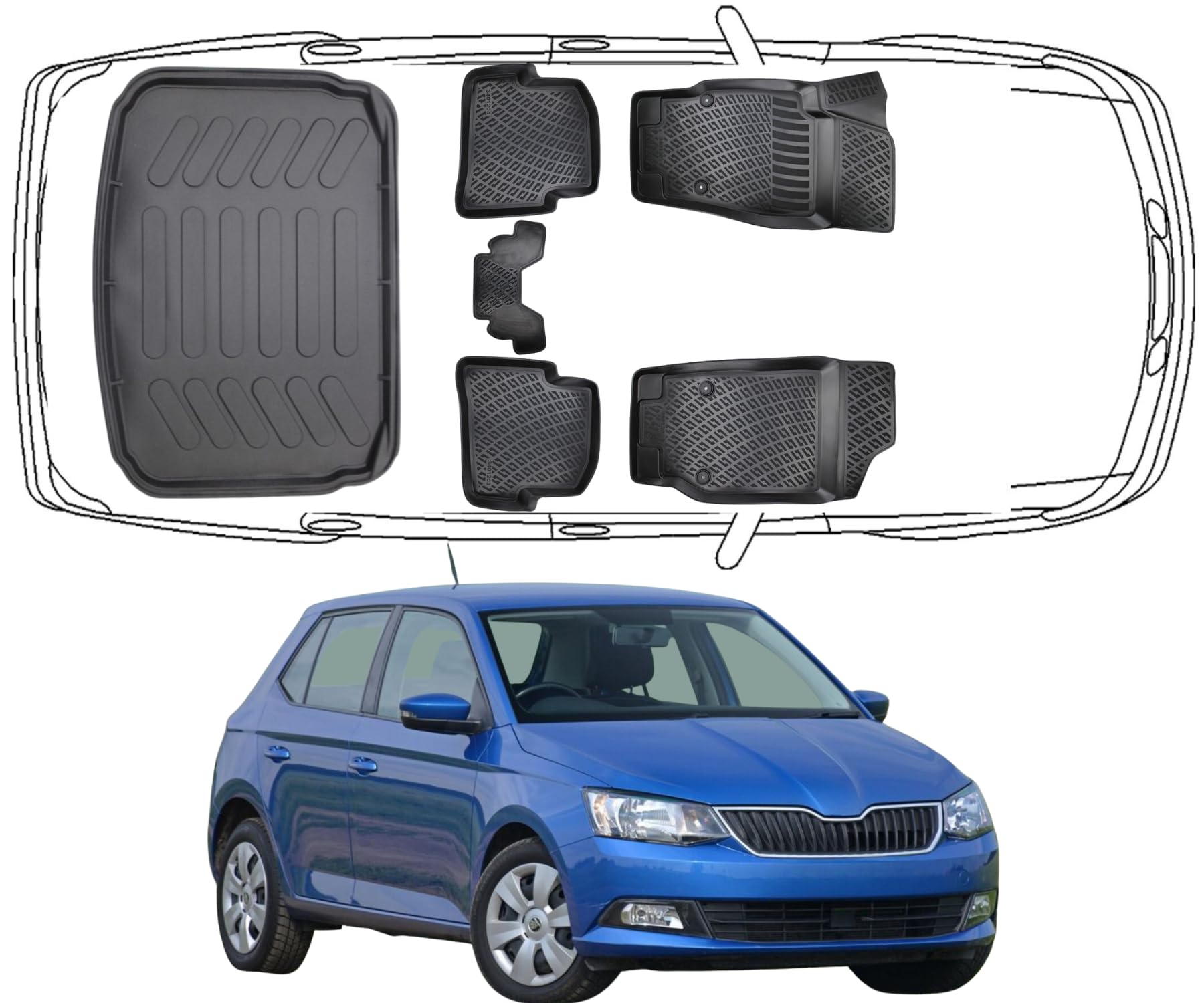 Rizline Passgenau 3D Fussmatten & Kofferraumwanne Auto Set Kompatibel mit Skoda Fabia III 2014-2022 Auto Zubehör Gummimatten & Kofferraummatte Autos TPE Allwetter Geruchlos rutschfest Schwarz von Rizline