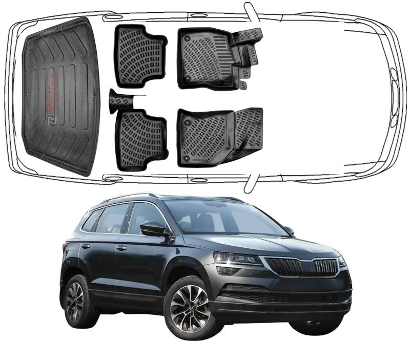 Rizline Passgenau 3D Fussmatten & Kofferraumwanne Auto Set Kompatibel mit Skoda Karoq 2017-2022 Auto Zubehör Gummimatten & Kofferraummatte Autos TPE Allwetter Geruchlos rutschfest Schwarz von Rizline