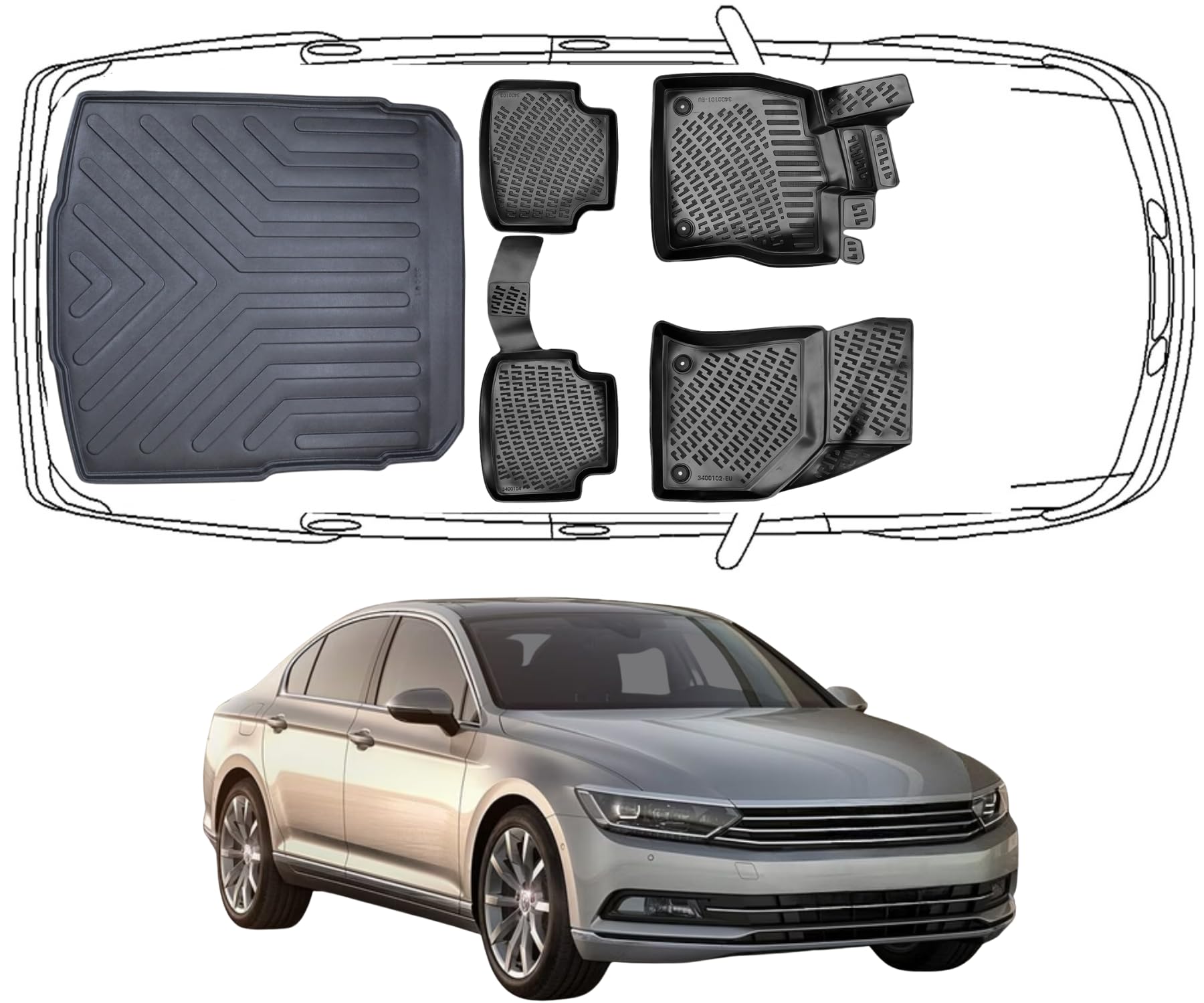 Rizline Passgenau 3D Fussmatten & Kofferraumwanne Auto Set Kompatibel mit Volkswagen Passat B8 & B8 GTE 2015-2022 Auto Zubehör Gummimatten & Kofferraummatte Autos TPE Allwetter Geruchlos Schwarz von Rizline