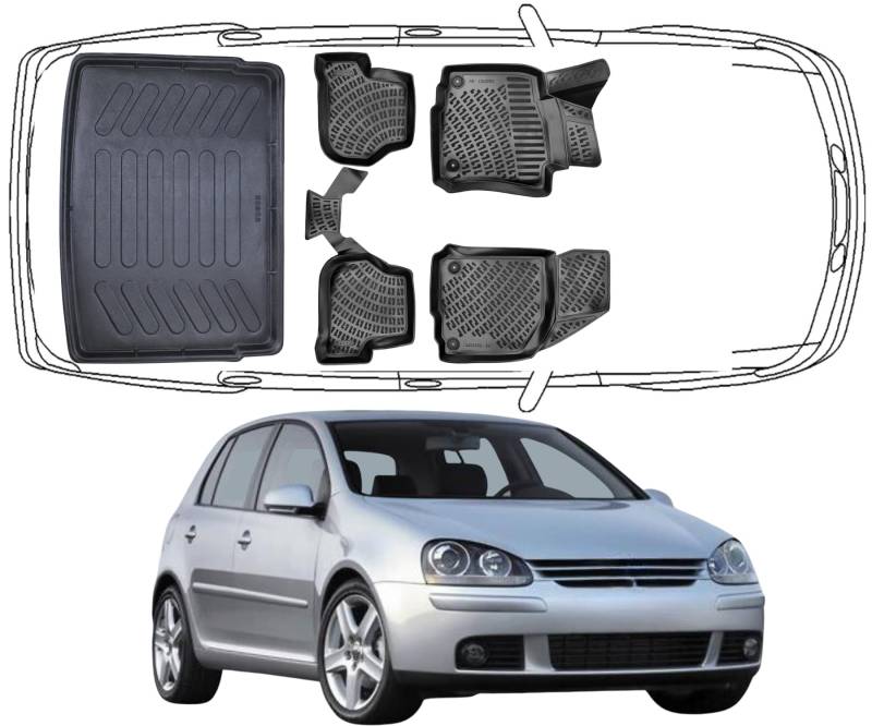 Rizline Passgenau 3D Fussmatten & Kofferraumwanne Auto Set Kompatibel mit Volkswagen Golf 5 2002-2009 Auto Zubehör Gummimatten & Kofferraummatte Autos TPE Allwetter Geruchlos rutschfest Schwarz von Rizline