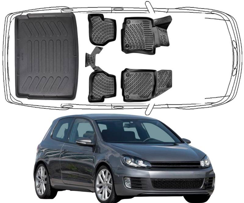 Rizline Passgenau 3D Fussmatten & Kofferraumwanne Auto Set Kompatibel mit Volkswagen Golf 6 2009-2012 Auto Zubehör Gummimatten & Kofferraummatte Autos TPE Allwetter Geruchlos rutschfest Schwarz von Rizline