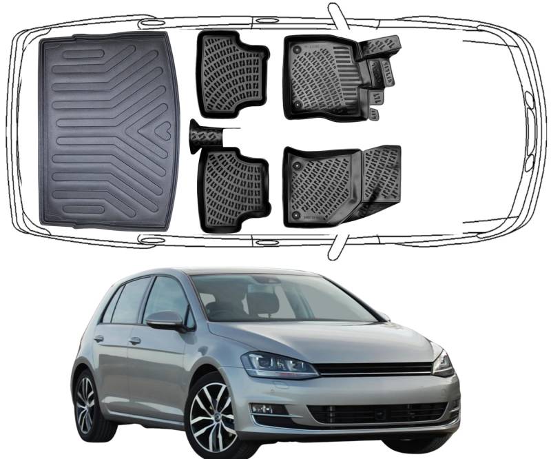 Rizline Passgenau 3D Fussmatten & Kofferraumwanne Auto Set Kompatibel mit Volkswagen Golf 7 2013-2020 Auto Zubehör Gummimatten & Kofferraummatte Autos TPE Allwetter Geruchlos rutschfest Schwarz von Rizline