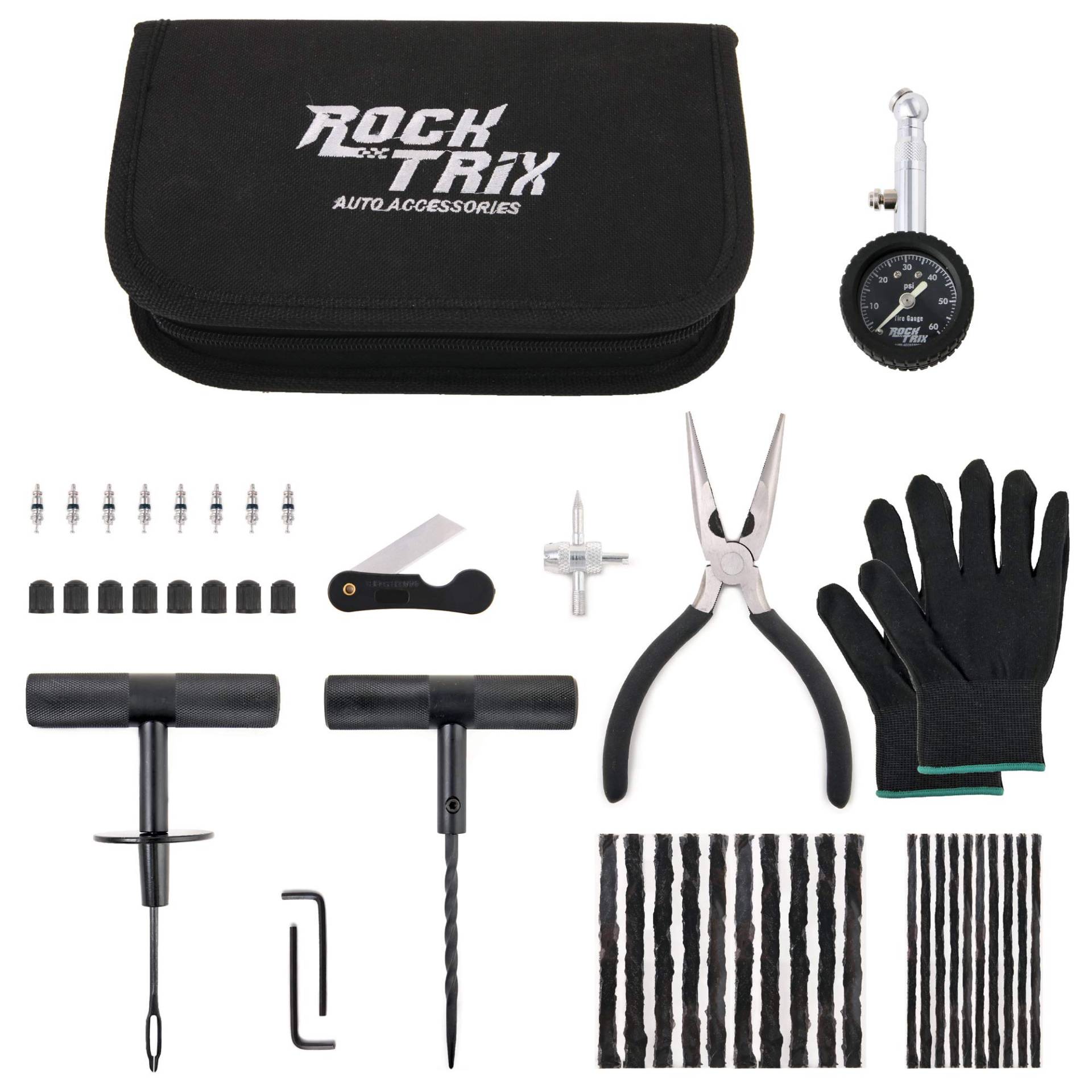 RockTrix Premium-Reifenreparatur-Set – 48-teilig mit Koffer – robuste Auto-Reifenpannen-Reparaturwerkzeuge – inklusive Reifenstopfen, Sondenwerkzeuge, Einsatzwerkzeug, Zange, Handschuhe, Anleitung und von RockTrix