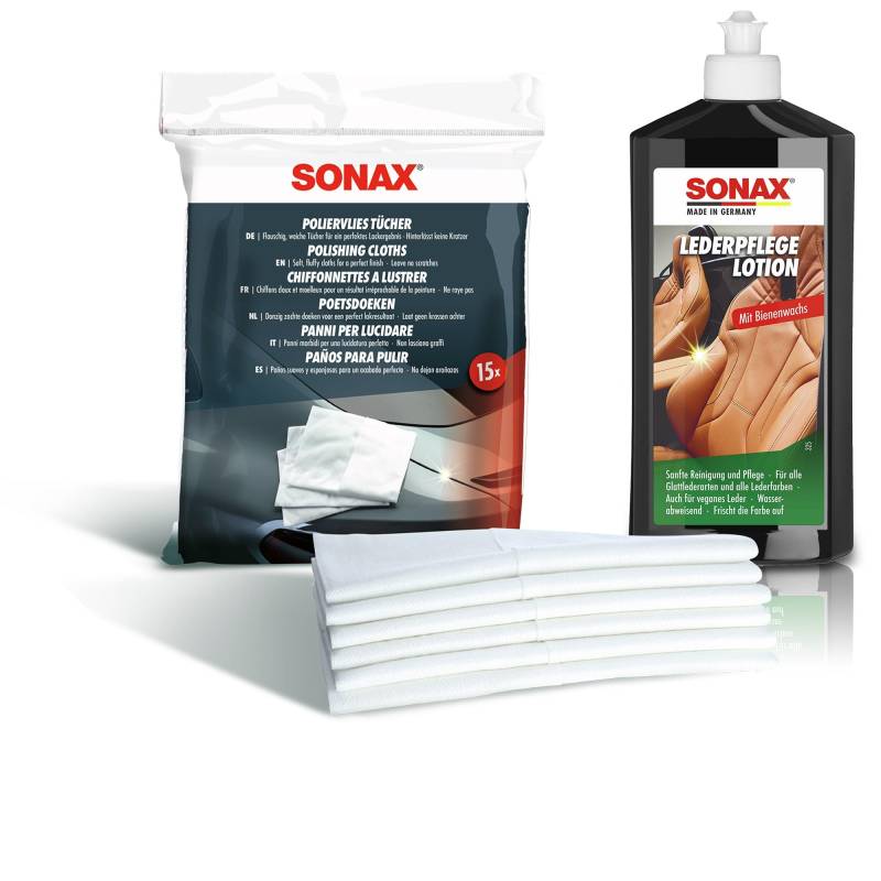 1x 500ml SONAX LEDERPFLEGELOTION LEDERPFLEGE + SONAX POLIERVLIESTÜCHER TÜCHER von Rocket Car Shop