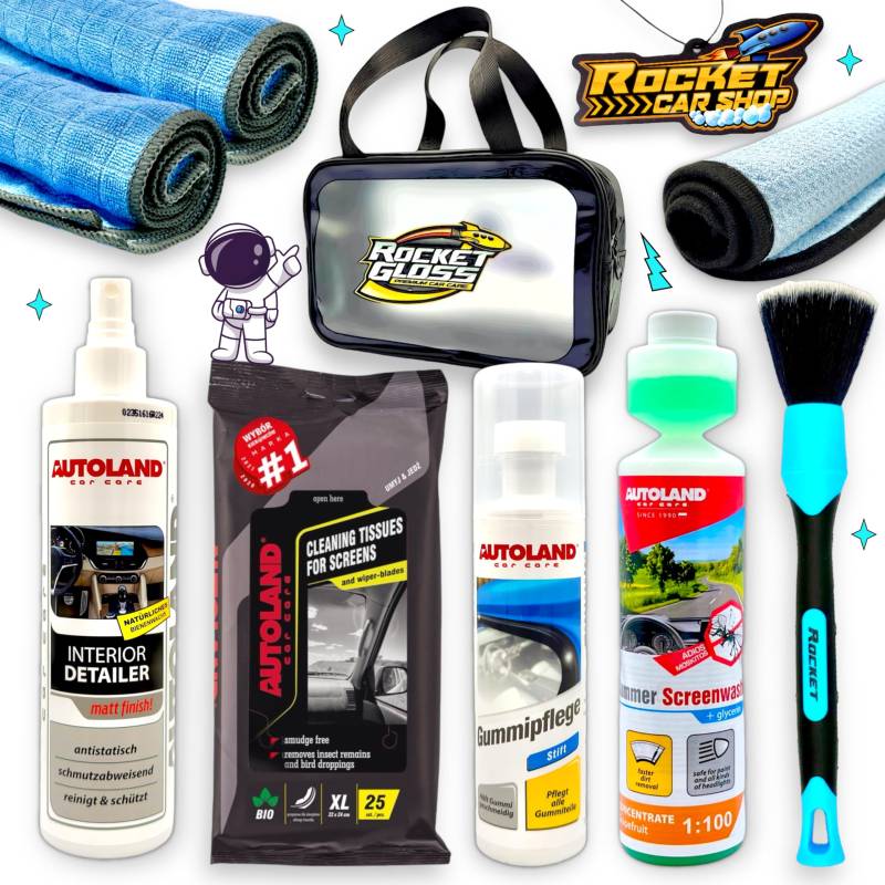 Autopflege Set: Rocket Mini Gloss Bag 10-teilig - Auto Geschenkset - Einsteiger Auto Reinigungsset - Starter Pkw Putzset - klein & kompakt - Innenraumpflege - Mikrofasertücher - Autoduft von Rocket Car Shop